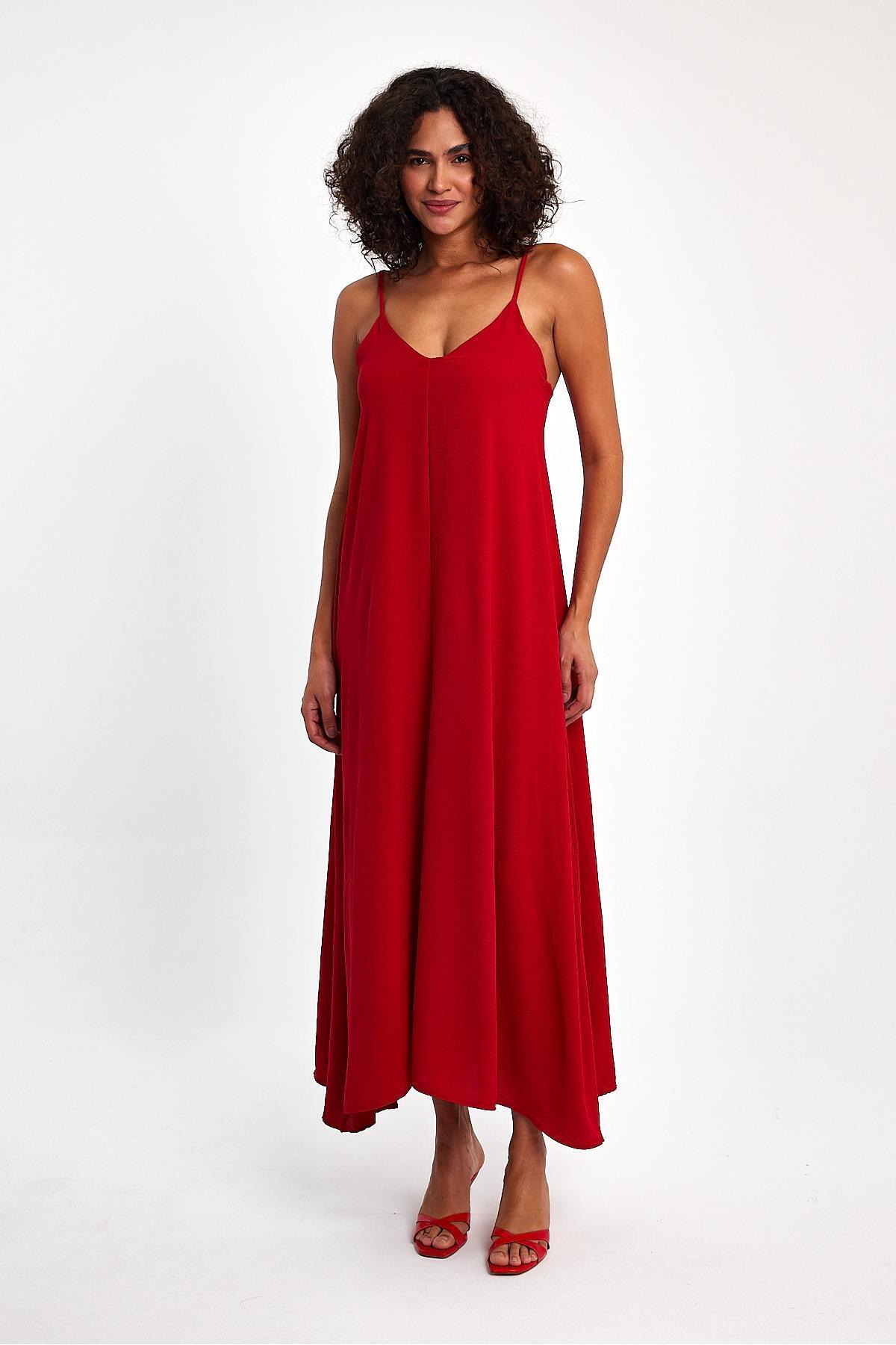 Viz10 V-neck Long Dress with Adjustable Straps- Trendyol