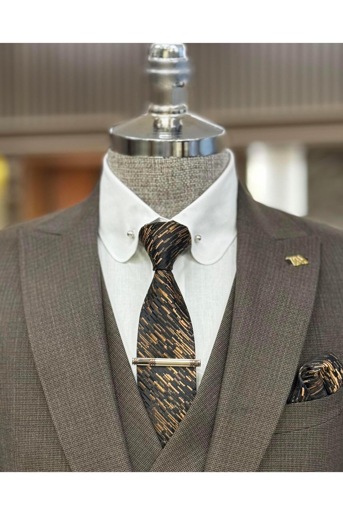 İtalyan stil slim fit erkek ceket yelek pantolon takım elbise Kahverengi T10786 — قهوه‌ای — تصویر 2 از 4
