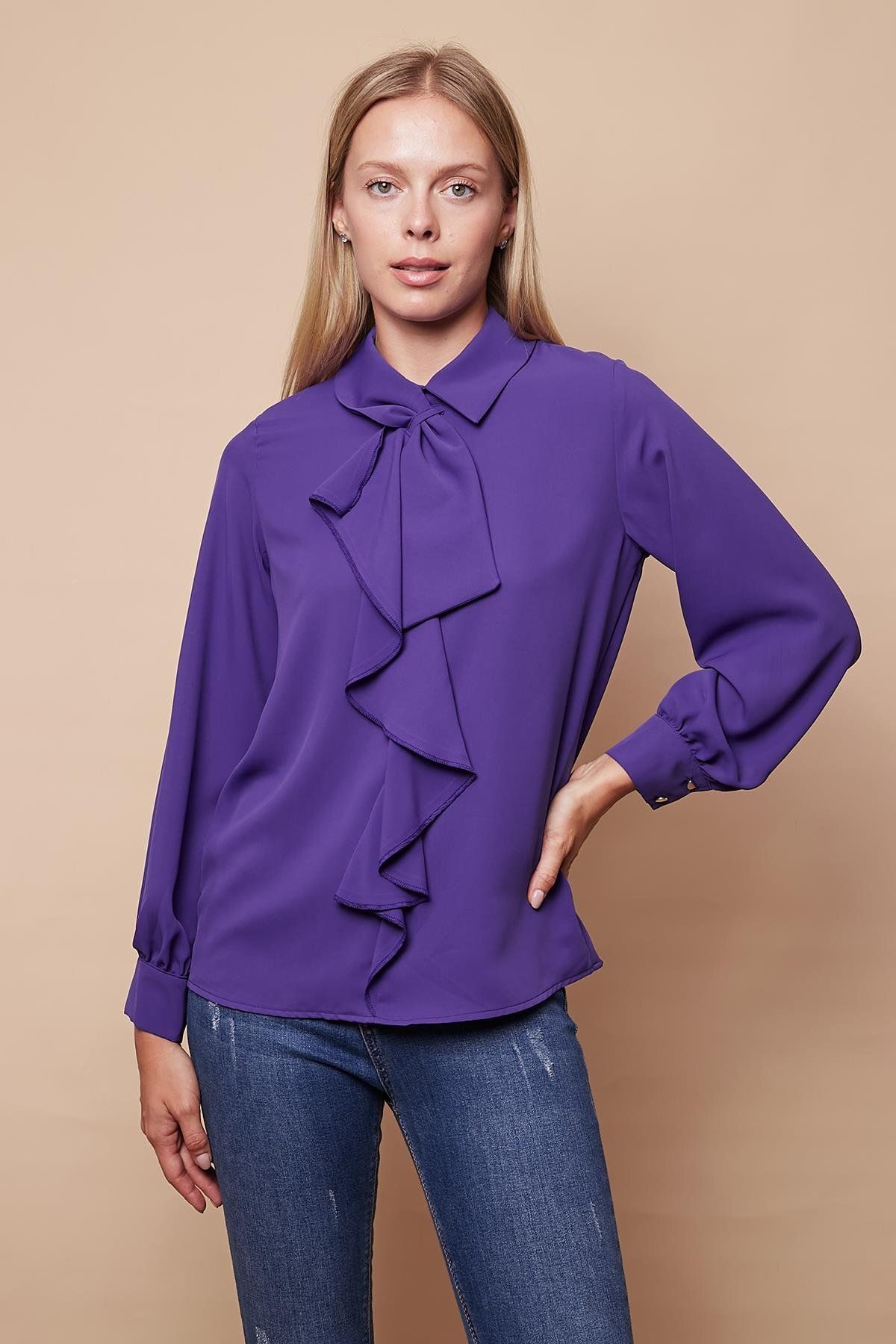 Jument-Lilac Women's Shirt Blouse - Stylish Fabric, Collared Flounce, Long Sleeve 5