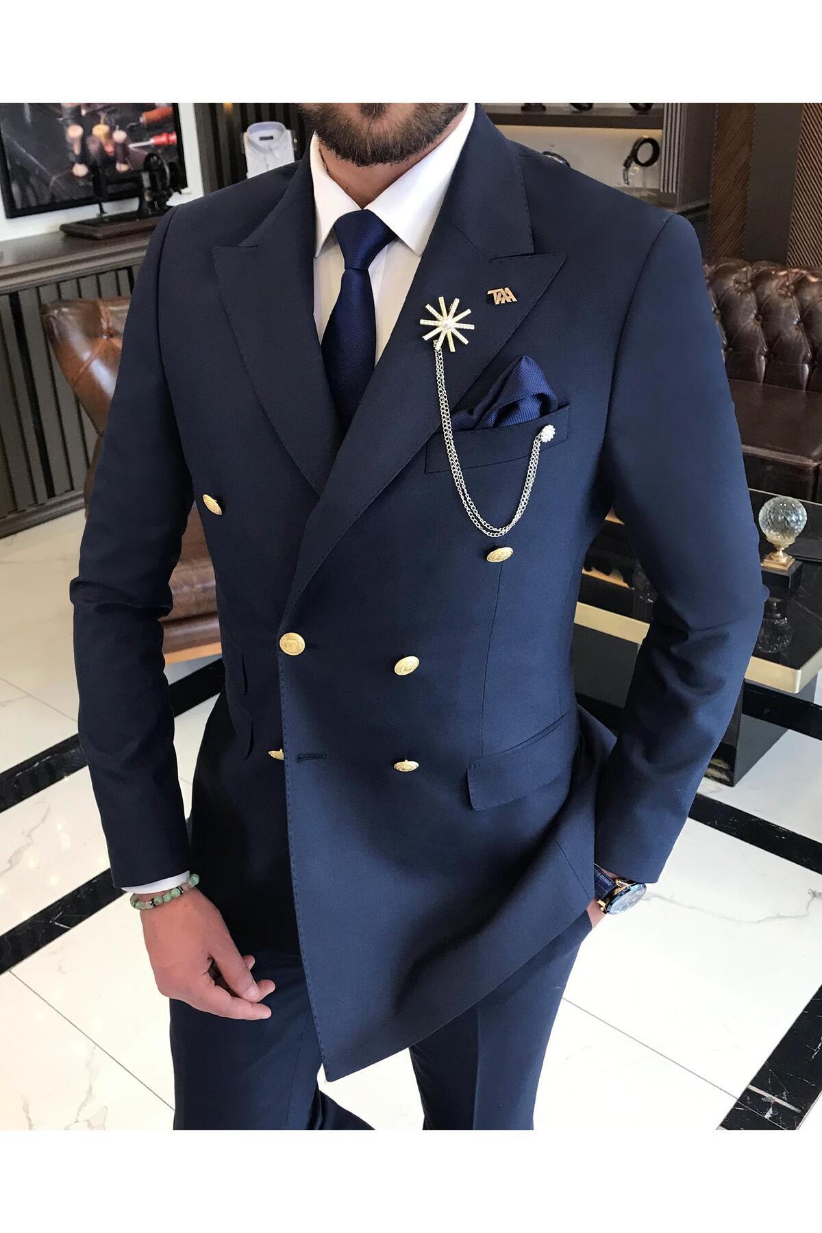 TerziAdemAltun İtalyan stil kruvaze ceket pantolon takım elbise Lacivert T4339