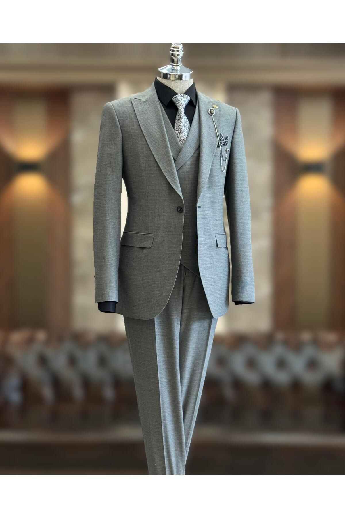 TerziAdemAltun-Gray Italian Style Slim Fit Men's Suit - Jacket, Vest, Pants T10785 2