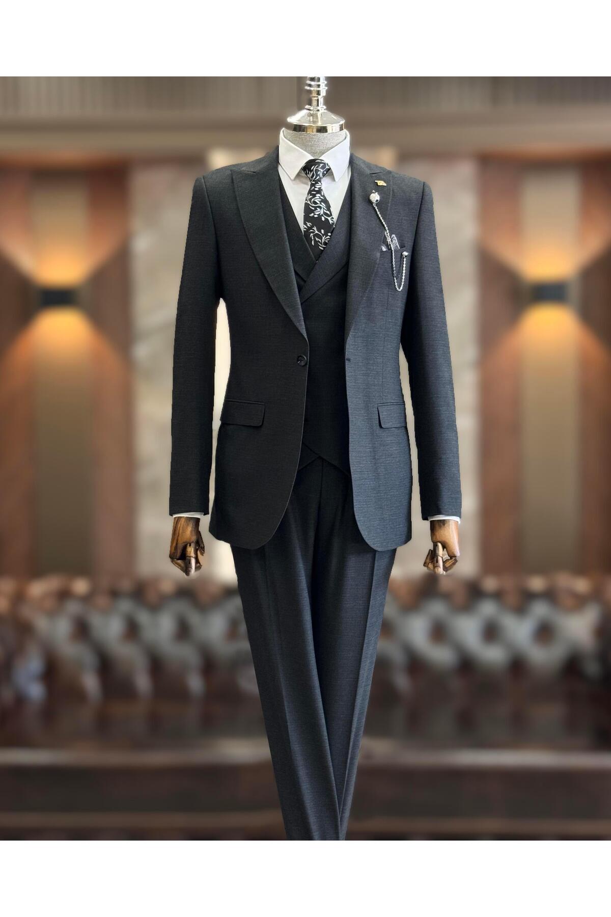 TerziAdemAltun İtalyan stil slim fit erkek ceket yelek pantolon takım elbise antrasit T10783 görsel 2