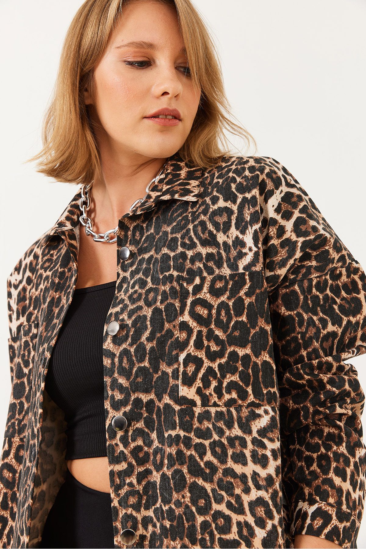 Bianco Lucci-Γυναικείο τζιν μπουφάν Gabardine Leopard 60251838 6