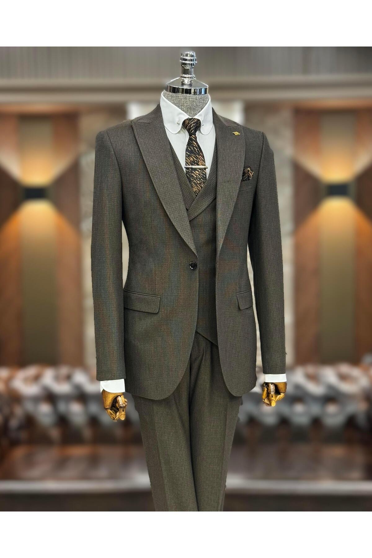 İtalyan stil slim fit erkek ceket yelek pantolon takım elbise Kahverengi T10786 — قهوه‌ای — تصویر 3 از 4