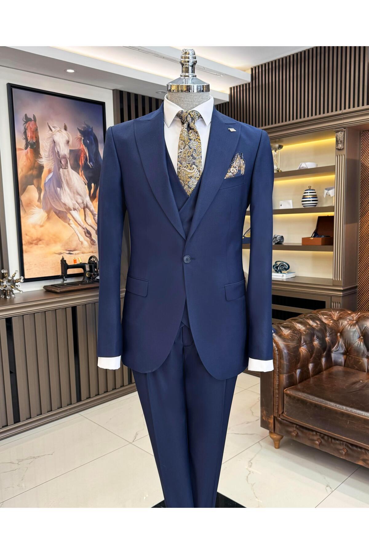 TerziAdemAltun Italian Style Jacket Vest Pants Suit Navy Blue T9932