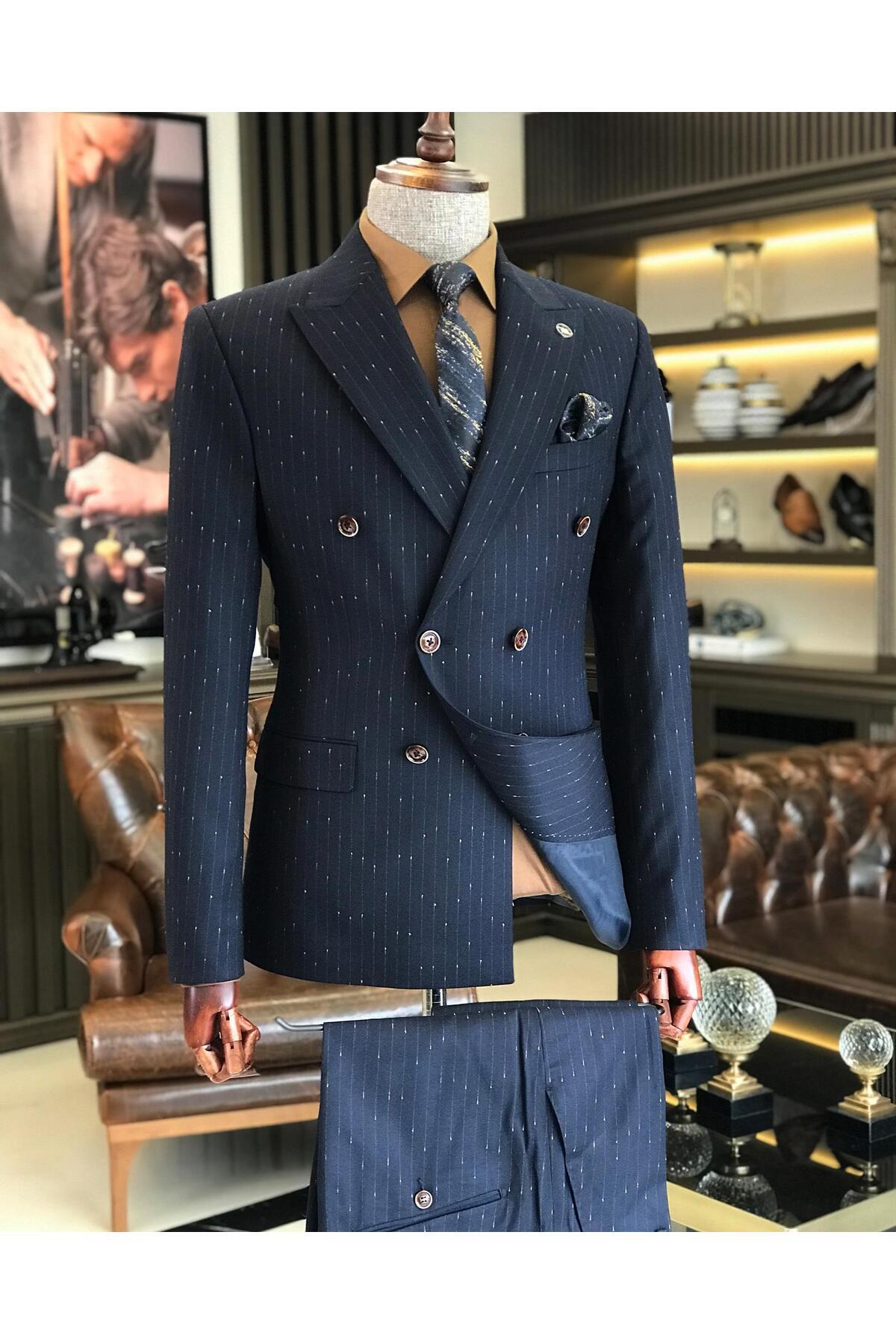 TerziAdemAltun İtalyan stil slim fit çizgili kruvaze ceket pantolon takım elbise lacivert T9501 görsel 7