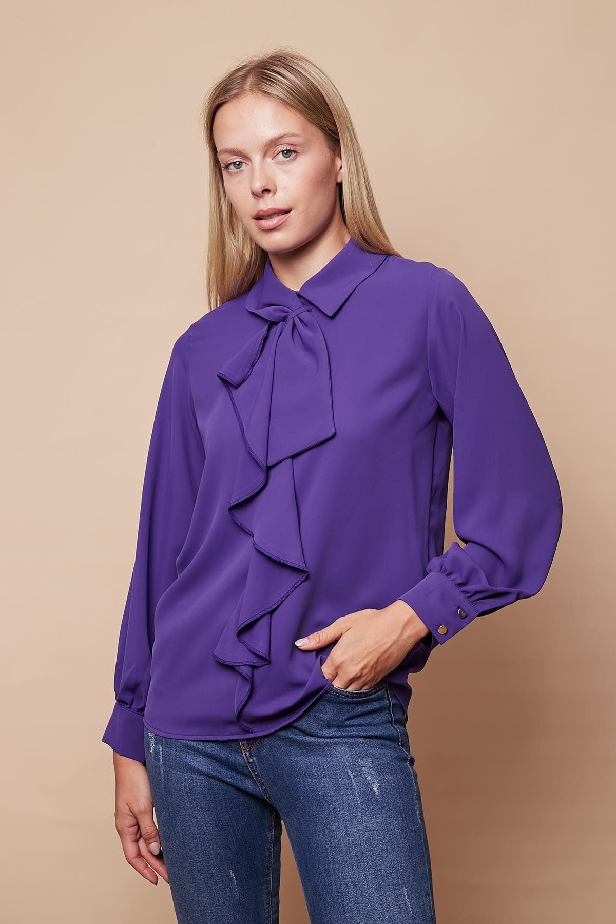 Jument-Lilac Women's Shirt Blouse - Stylish Fabric, Collared Flounce, Long Sleeve 4