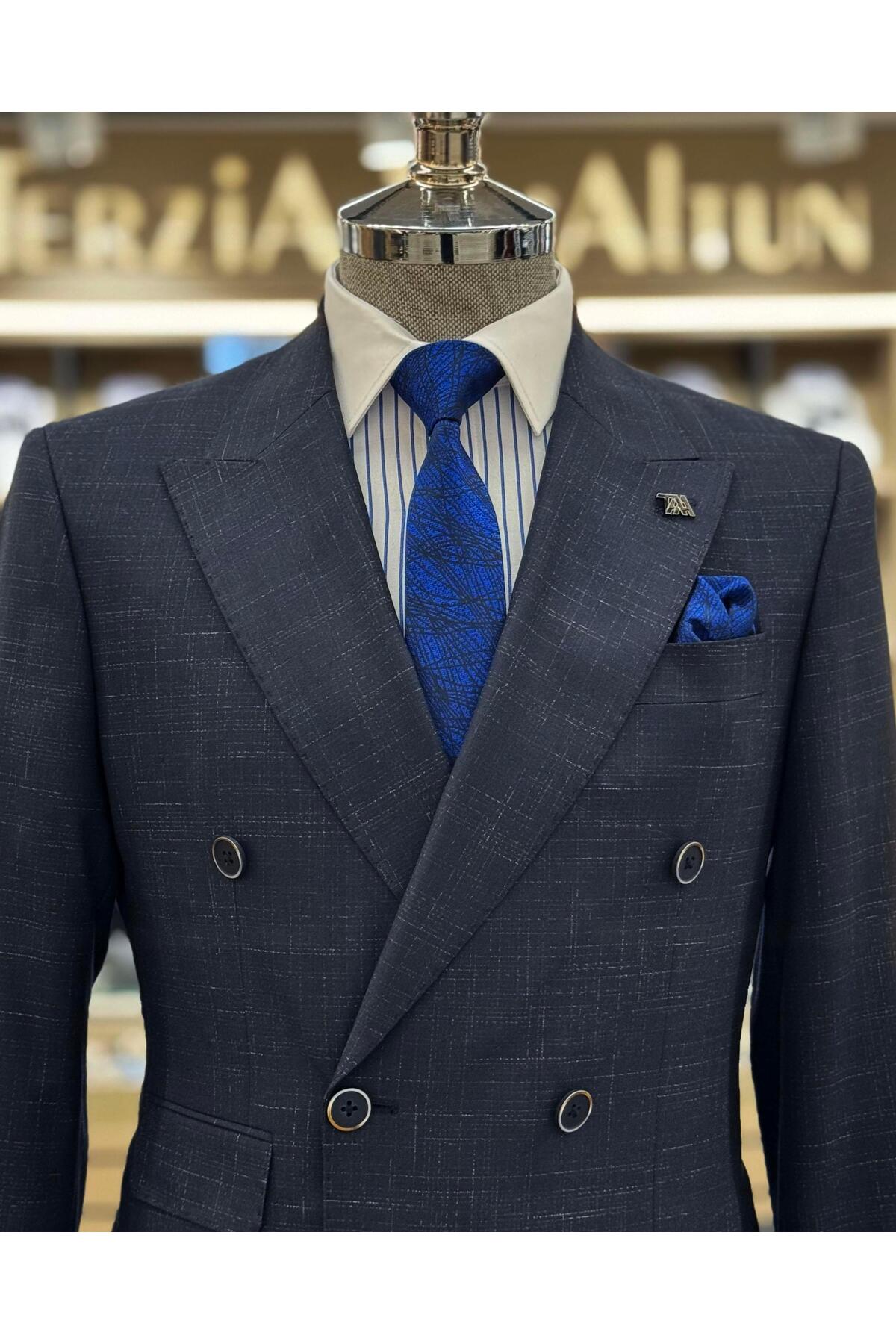 TerziAdemAltun İtalyan stil slim fit ekose kruvaze ceket pantolon takım elbise lacivert T11695 görsel 2