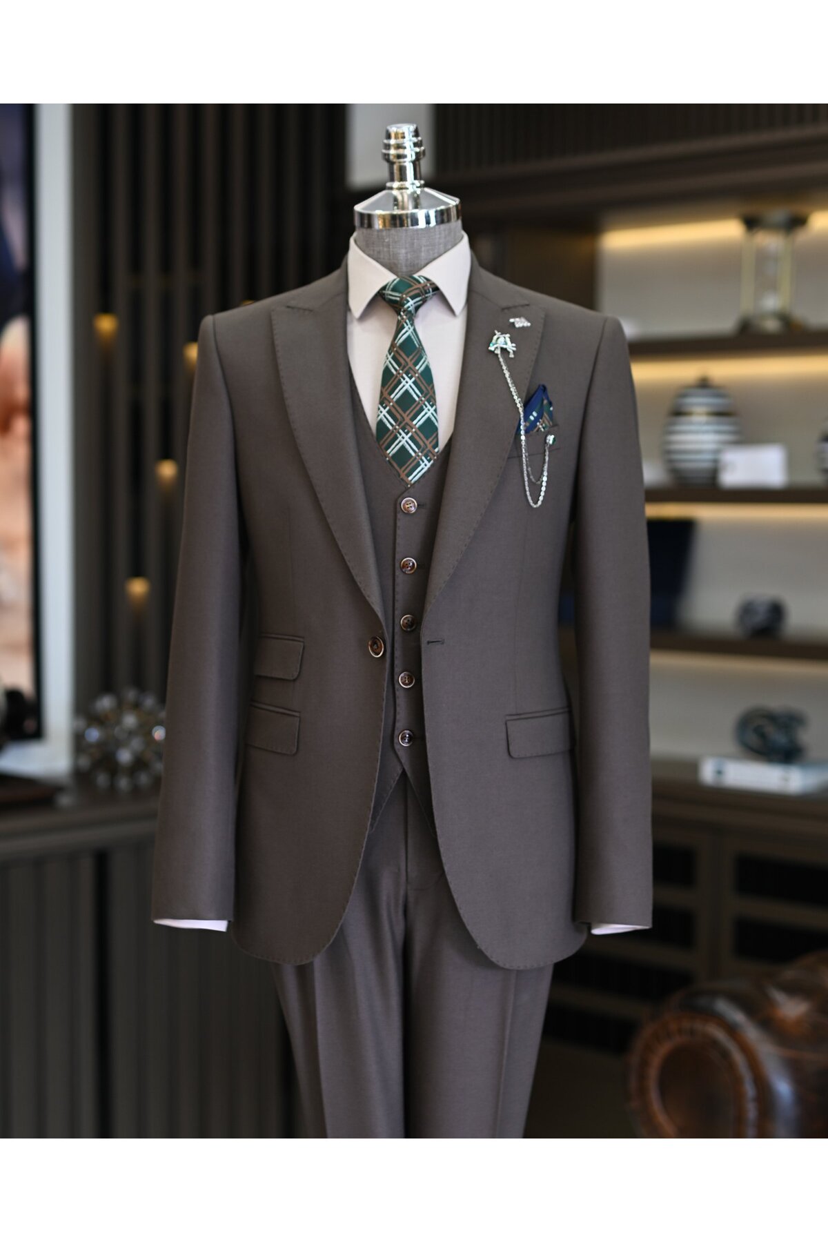 İtalyan stil slim fit ceket yelek pantolon takım elbise kahverengi T11482 — قهوه‌ای — تصویر 2 از 6