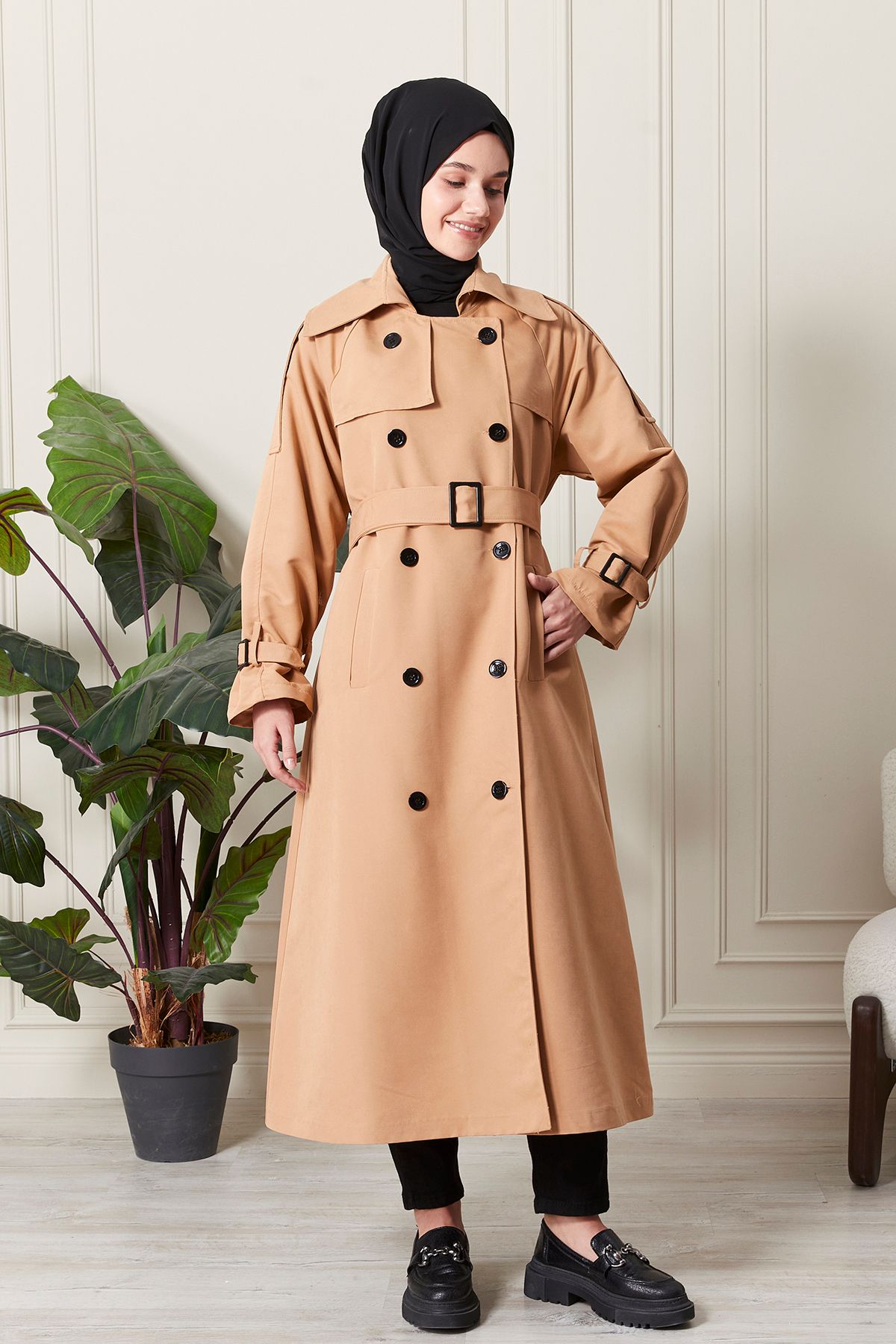 Aranlı tekstil-Apolet Detailed Waterproof Fabric Belted Intermediate Women's Trench Coat 1