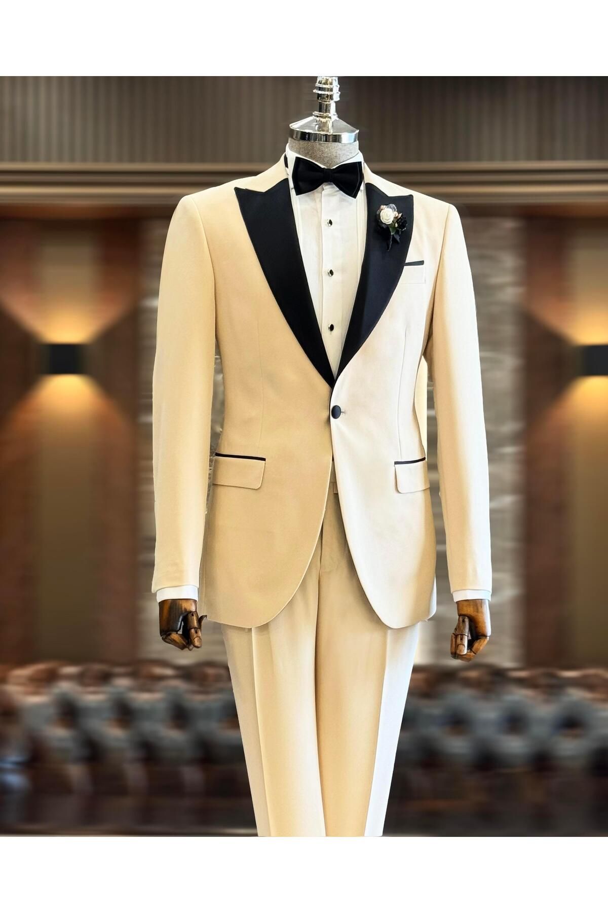 TerziAdemAltun İtalyan kesim slim fit sivri yaka ceket pantolon damatlık set bej T12220