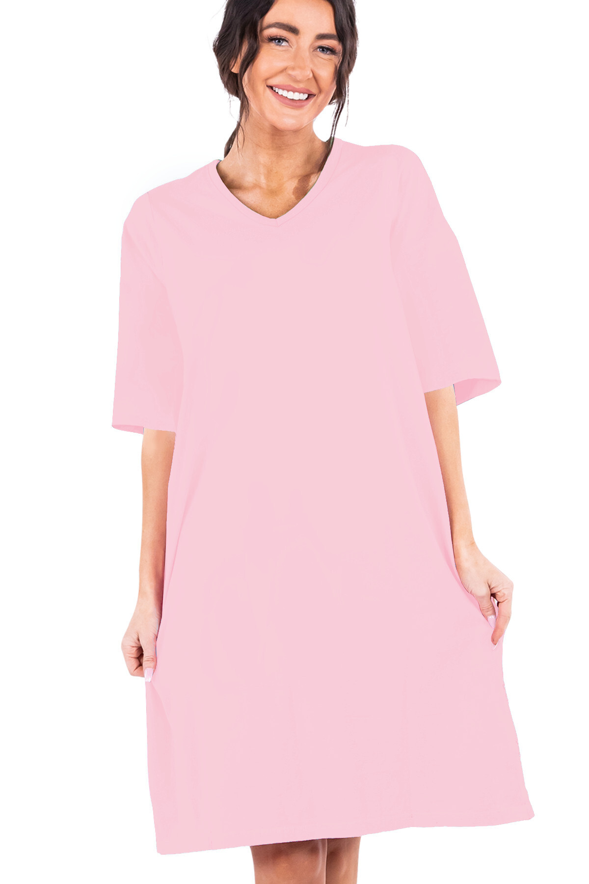 ROCKANDROLL Düz Pembe V Yaka Yarım Kol Diz Boyu Rahat Ev Elbisesi Gecelik