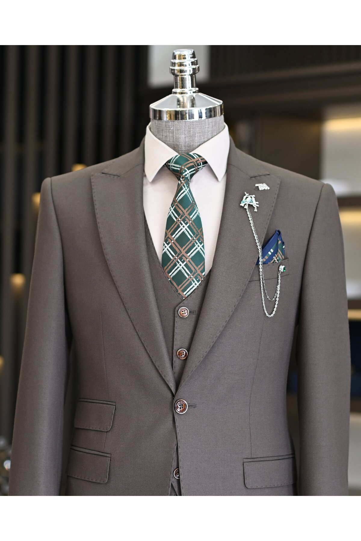 İtalyan stil slim fit ceket yelek pantolon takım elbise kahverengi T11482 — قهوه‌ای — تصویر 5 از 6