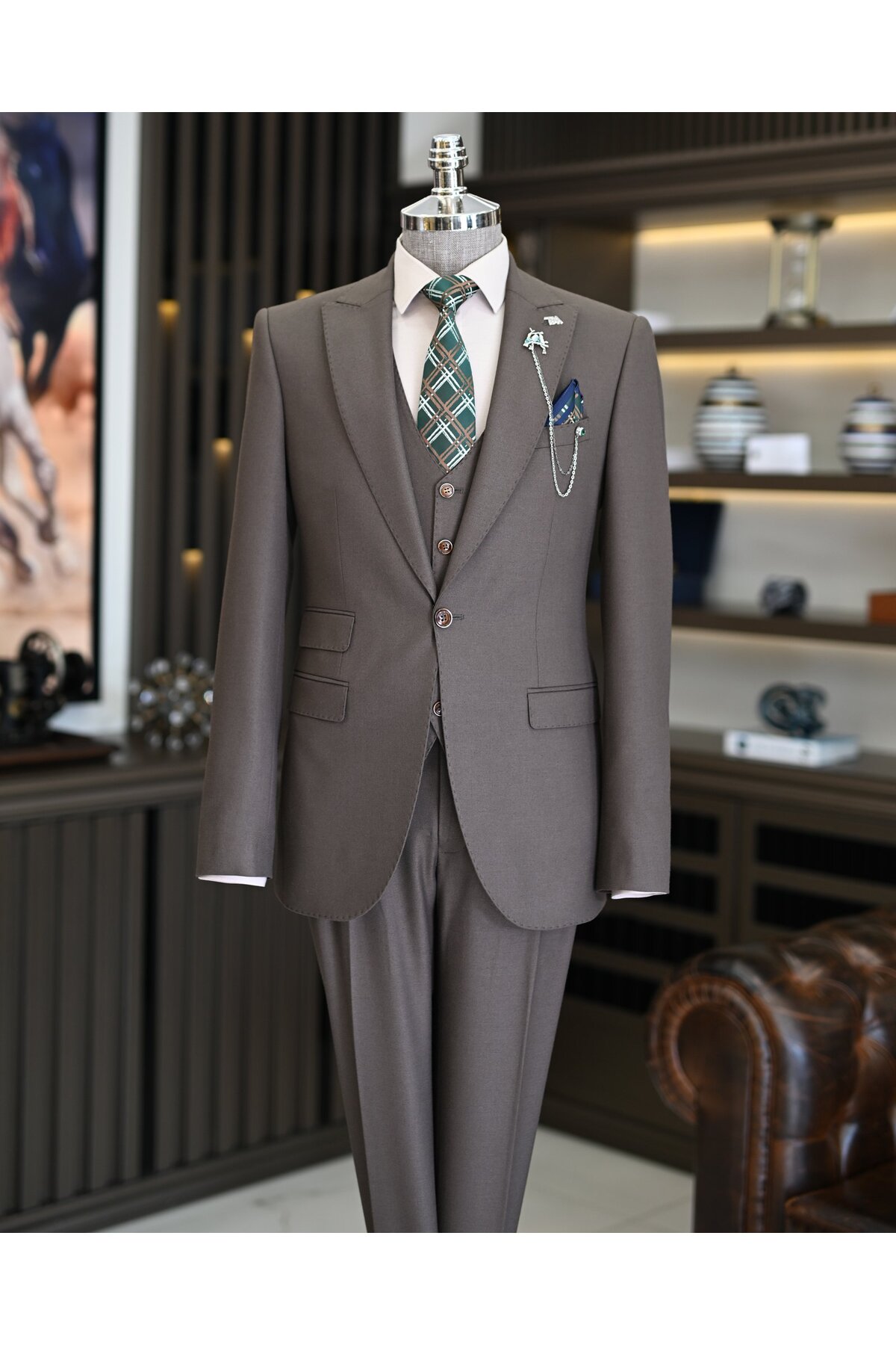 İtalyan stil slim fit ceket yelek pantolon takım elbise kahverengi T11482 — قهوه‌ای — تصویر 4 از 6