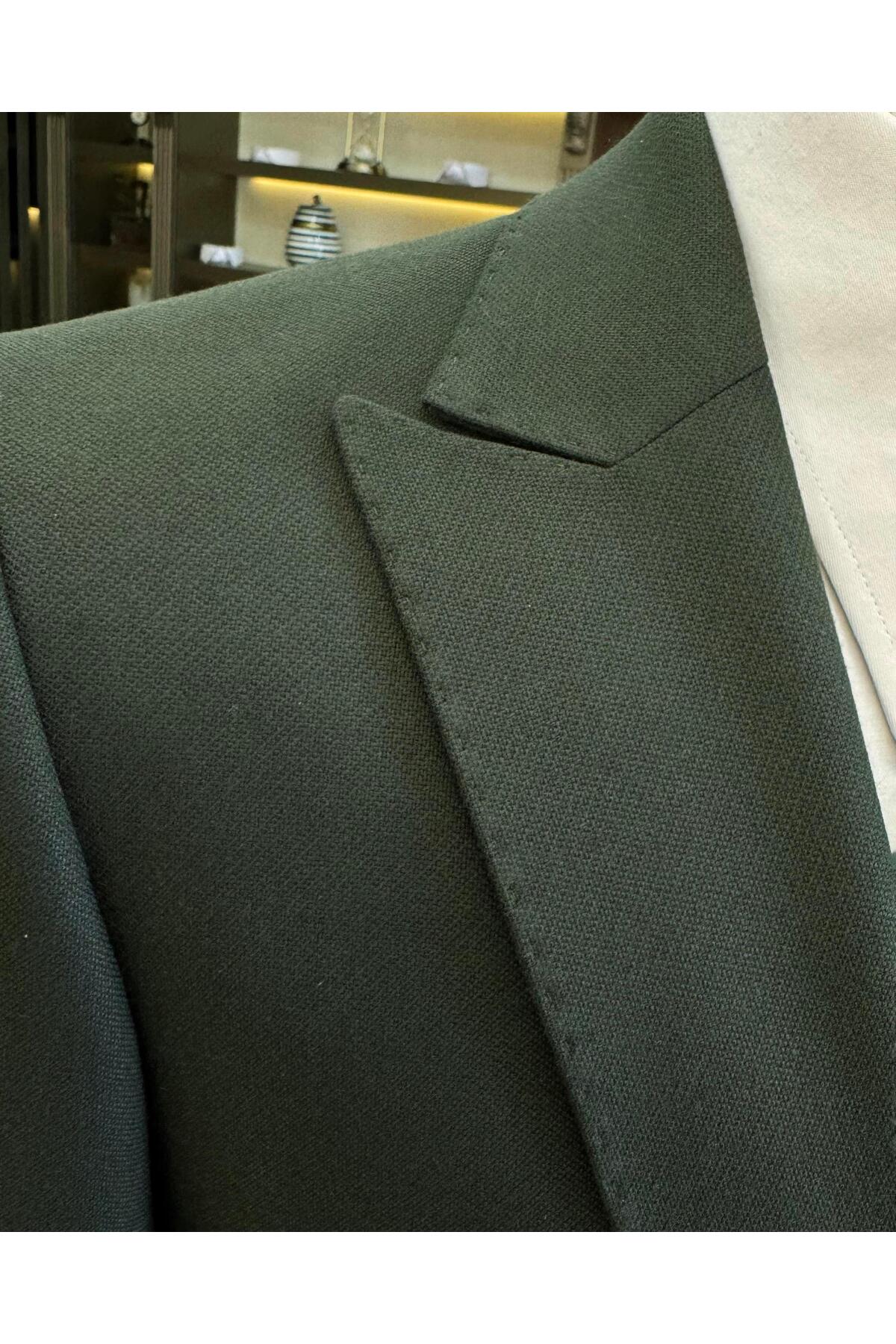 TerziAdemAltun İtalyan stil slim fit armür desenli ceket yelek pantolon takım elbise yeşil T11488 görsel 3