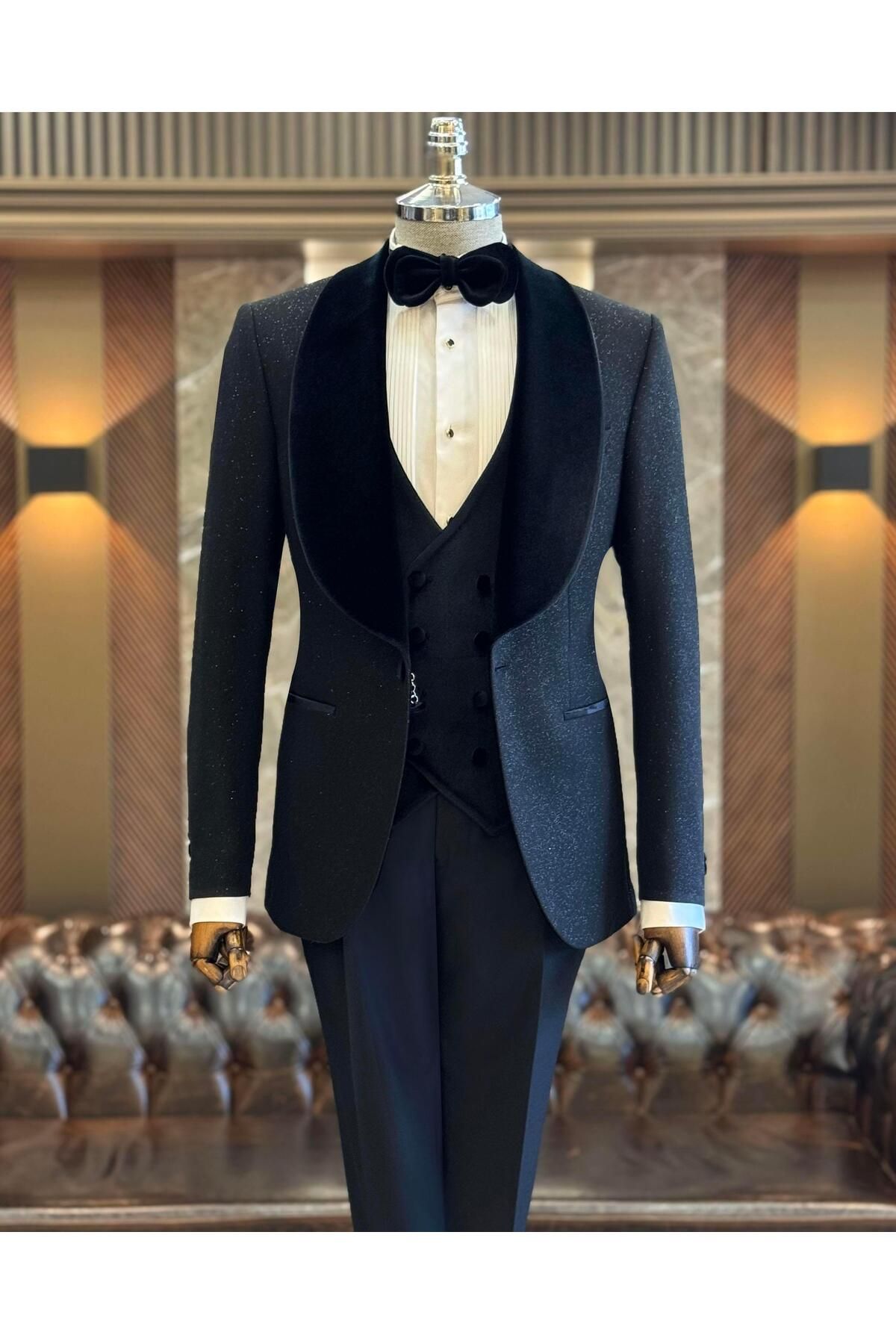 TerziAdemAltun-Black Slim Fit Shawl Collar Jacket and Vest Pants Set - T12573 7