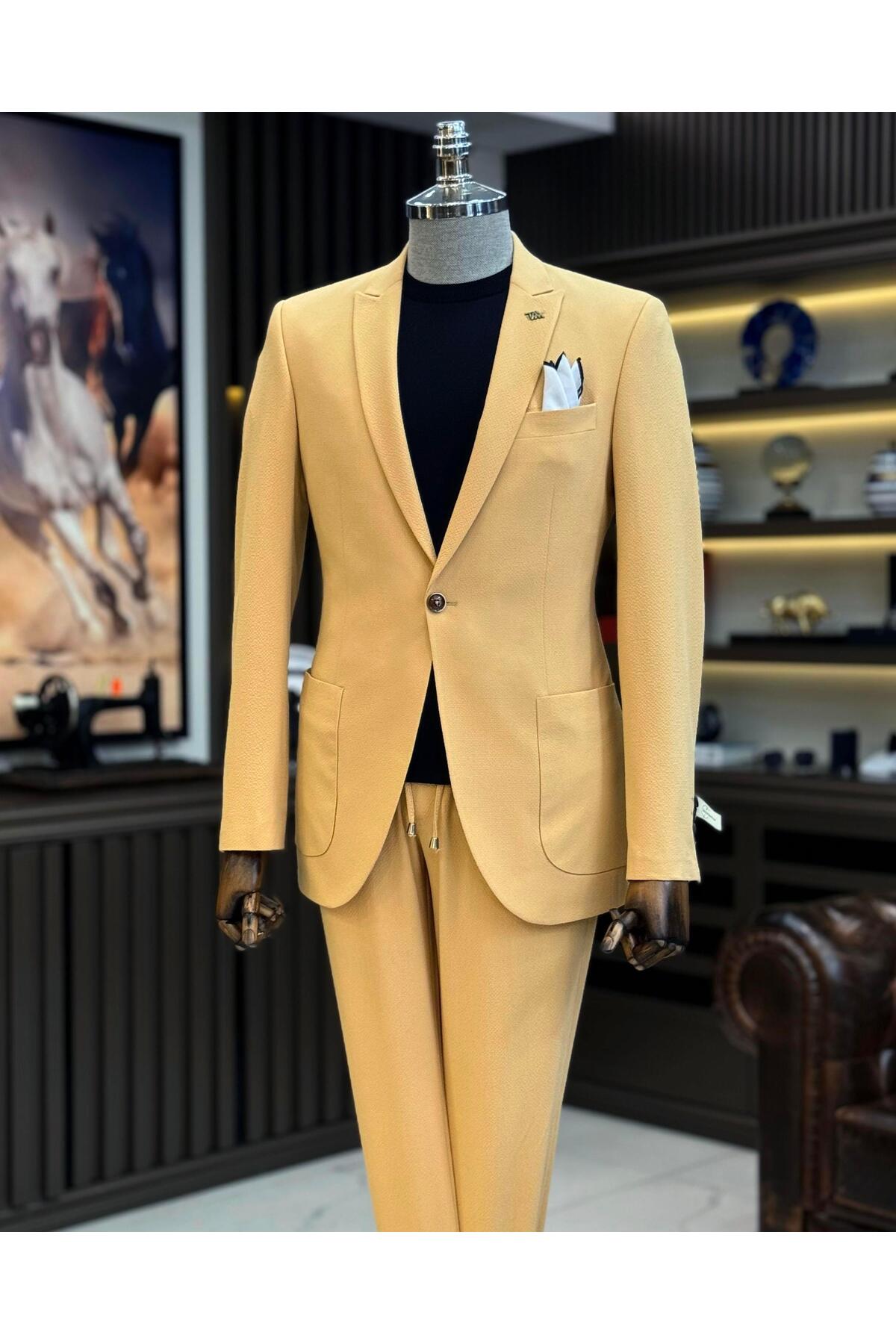 İtalyan stil slim fit  ceket pantolon takım elbise camel T12513 — بژ