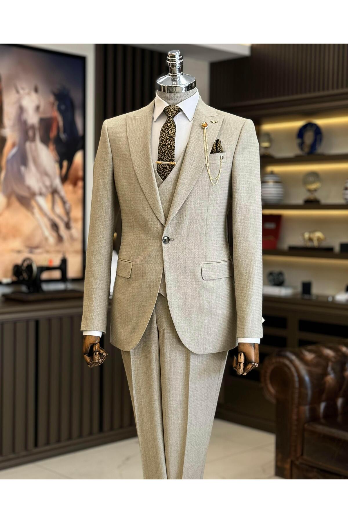 İtalyan stil ceket yelek pantolon takım elbise bej T12507 — بژ