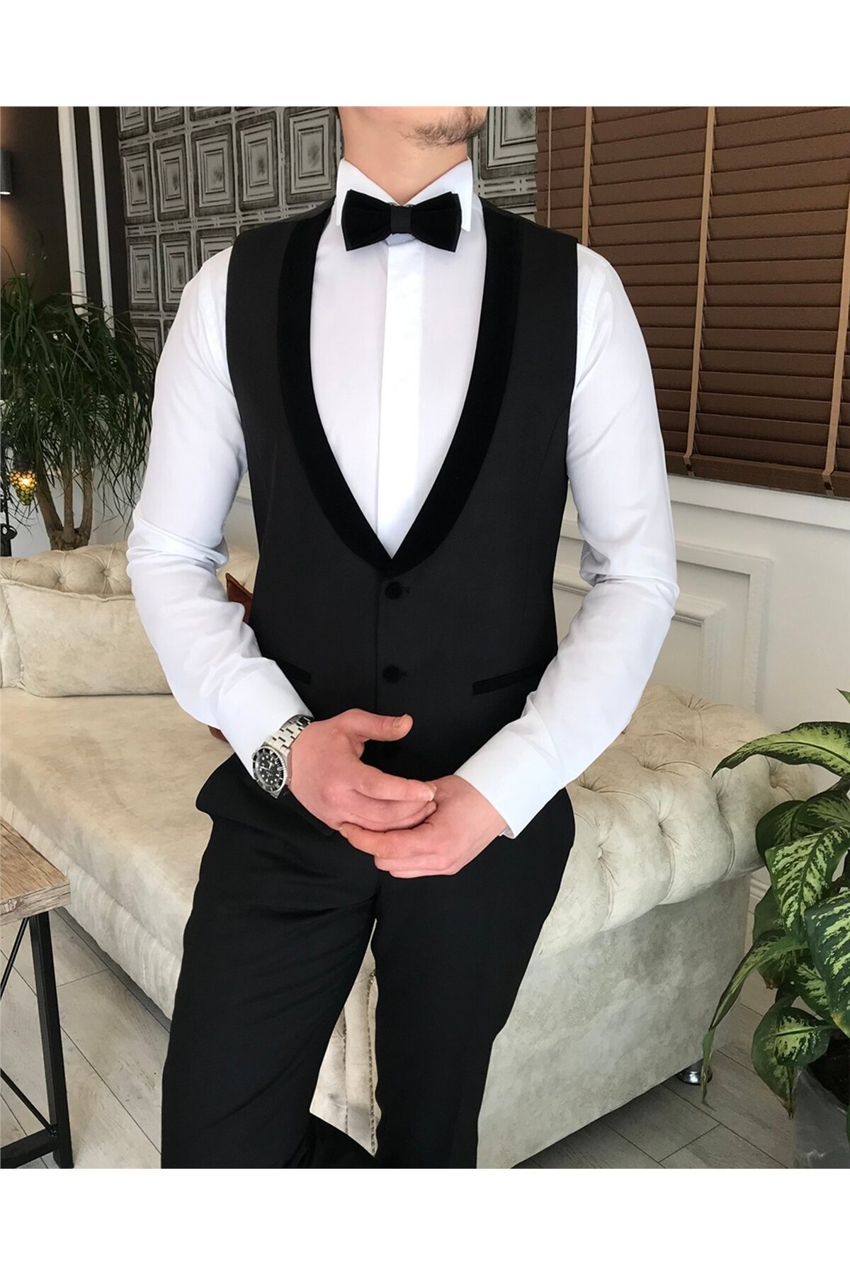 TerziAdemAltun-Classic Cut Jacket Vest Pants Battal Groom Suit Set Black T7573 3