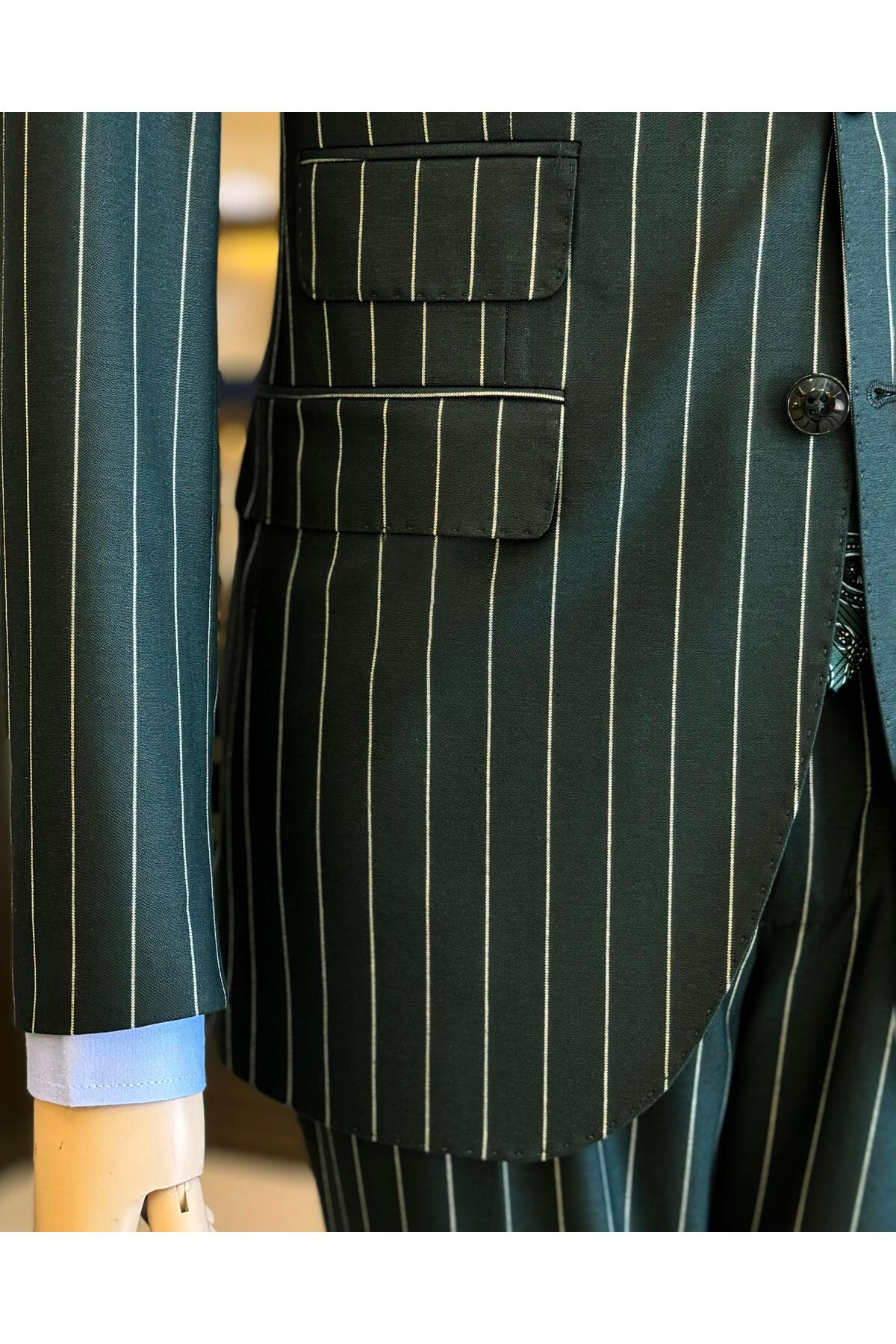 TerziAdemAltun İtalyan stil slim fit çizgili ceket pantolon takım elbise yeşil T11930 görsel 6