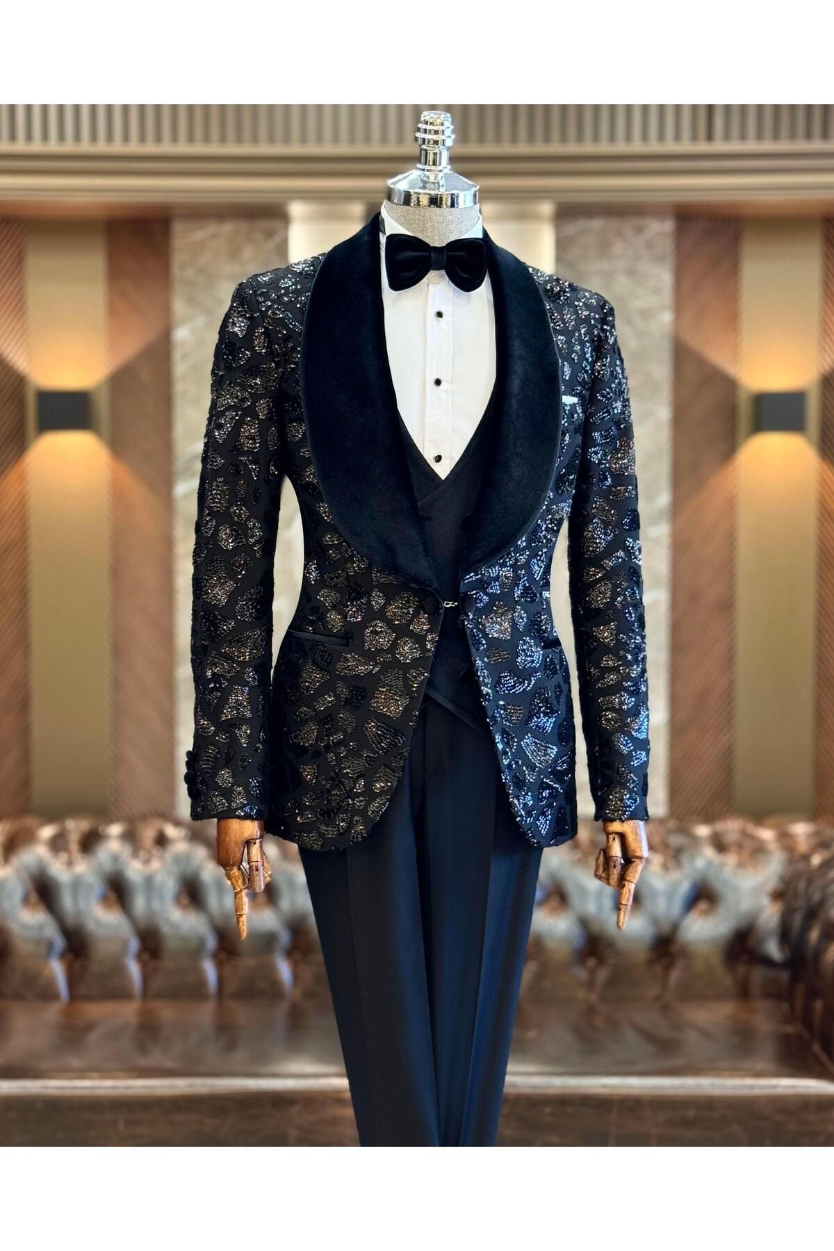 TerziAdemAltun İtalyan stil slim fit şal yaka ceket yelek pantolon damatlık set siyah T12571