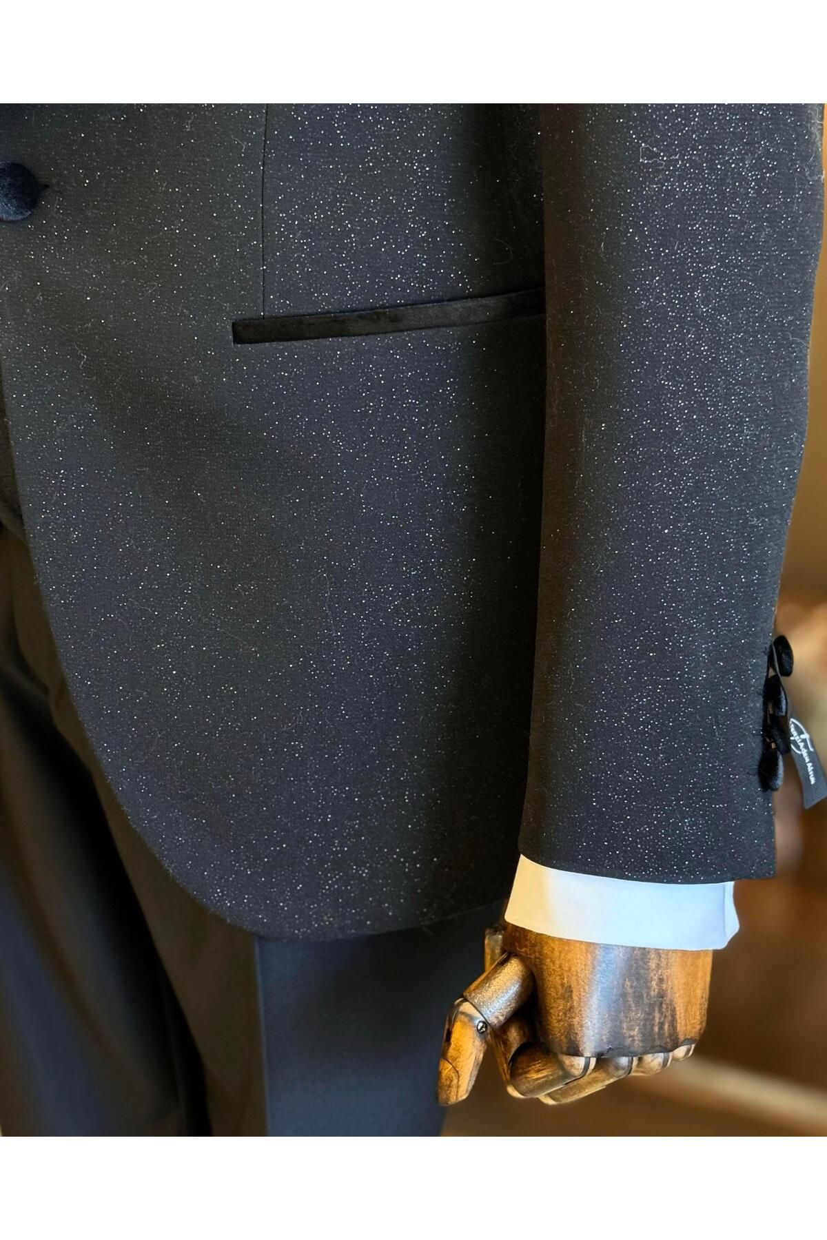 TerziAdemAltun-Black Slim Fit Shawl Collar Jacket and Vest Pants Set - T12573 6