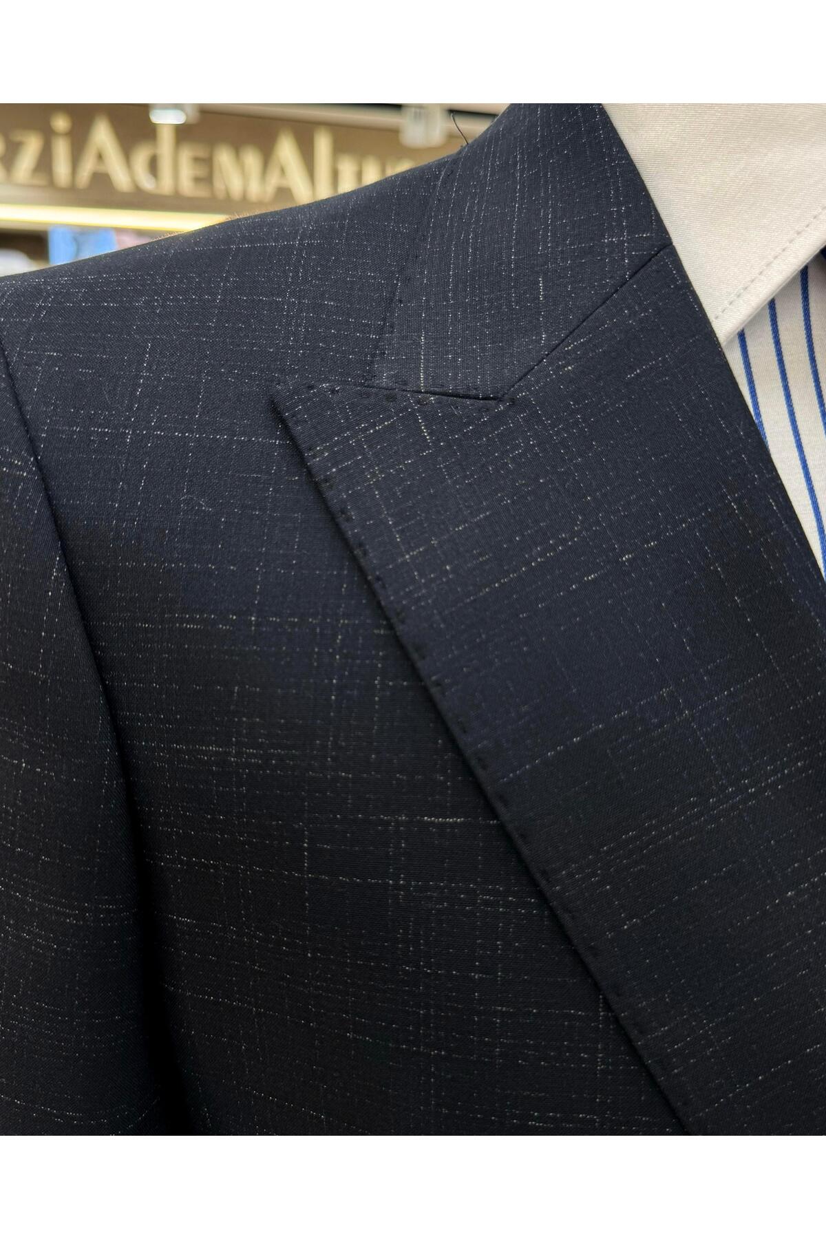 TerziAdemAltun İtalyan stil slim fit ekose kruvaze ceket pantolon takım elbise lacivert T11695 görsel 3