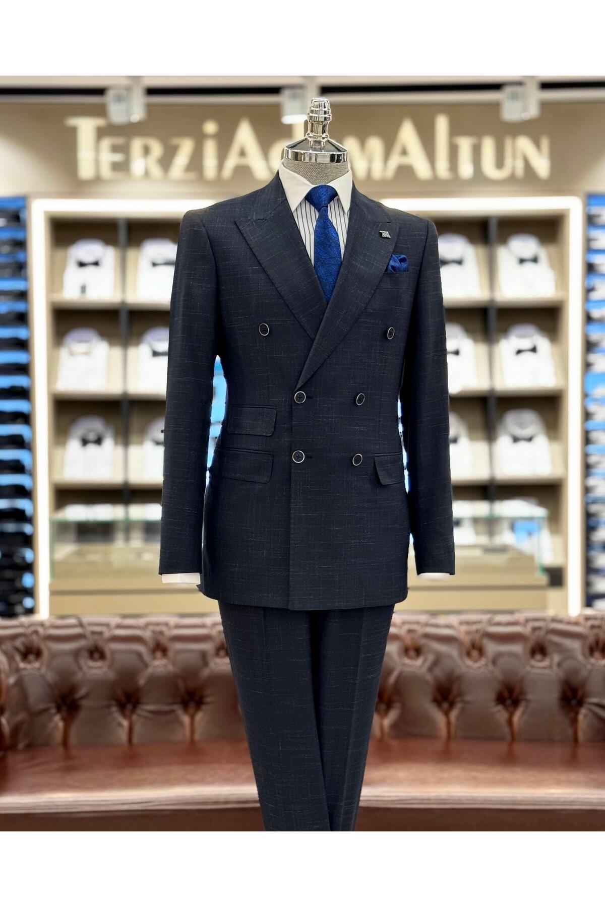 TerziAdemAltun İtalyan stil slim fit ekose kruvaze ceket pantolon takım elbise lacivert T11695