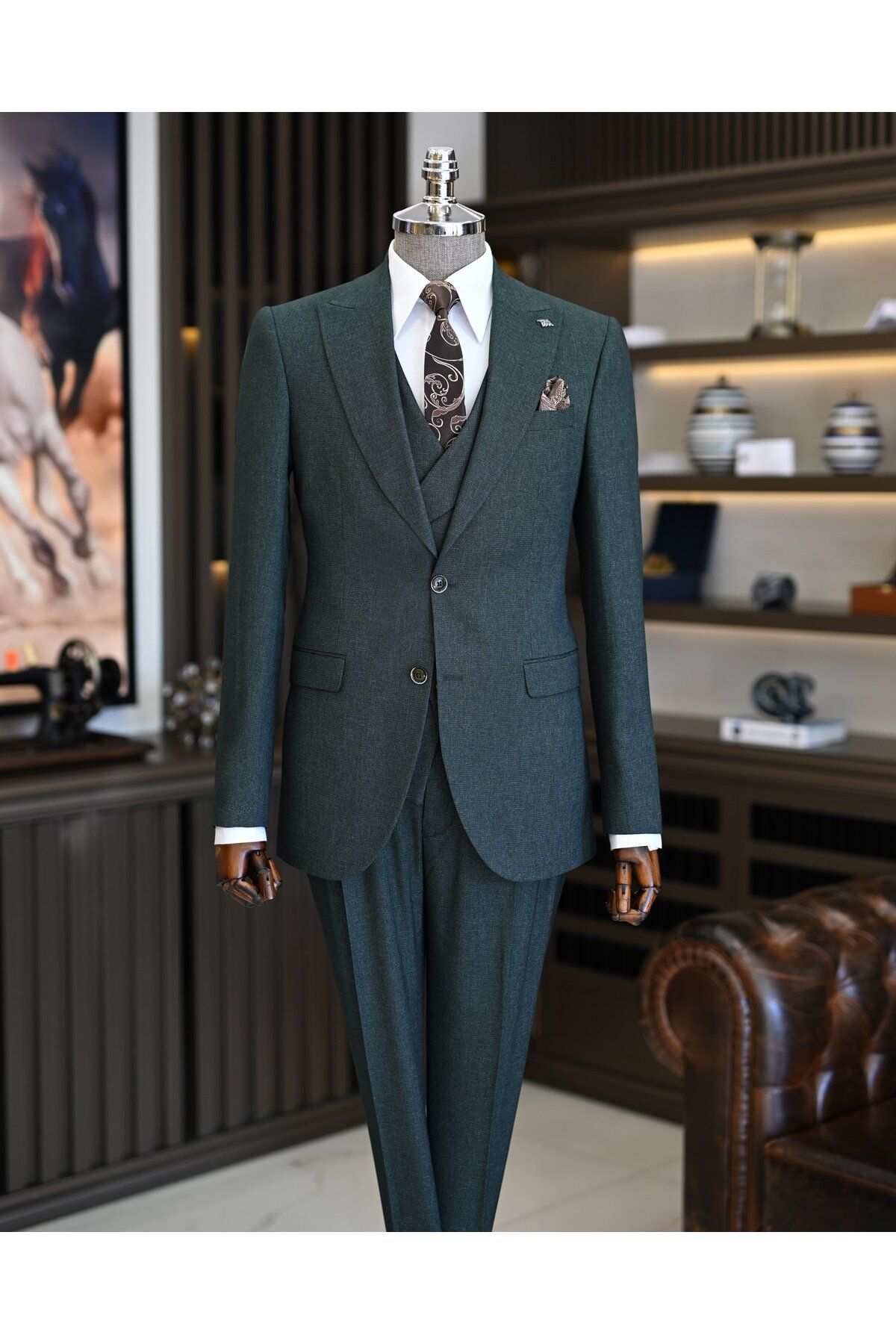 TerziAdemAltun-Green Italian Style Jacket and Vest Set - Pleated Trousers T11310 1