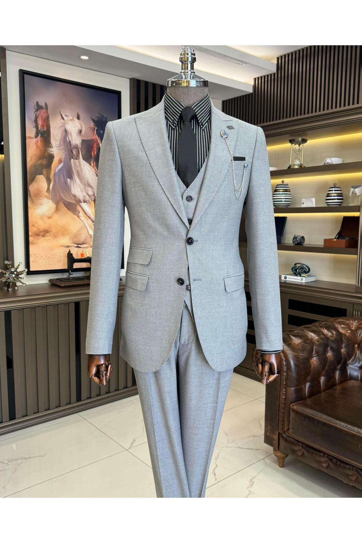 İtalyan stil slim fit ceket yelek pantolon takım elbise gri T11399 — خاکستری