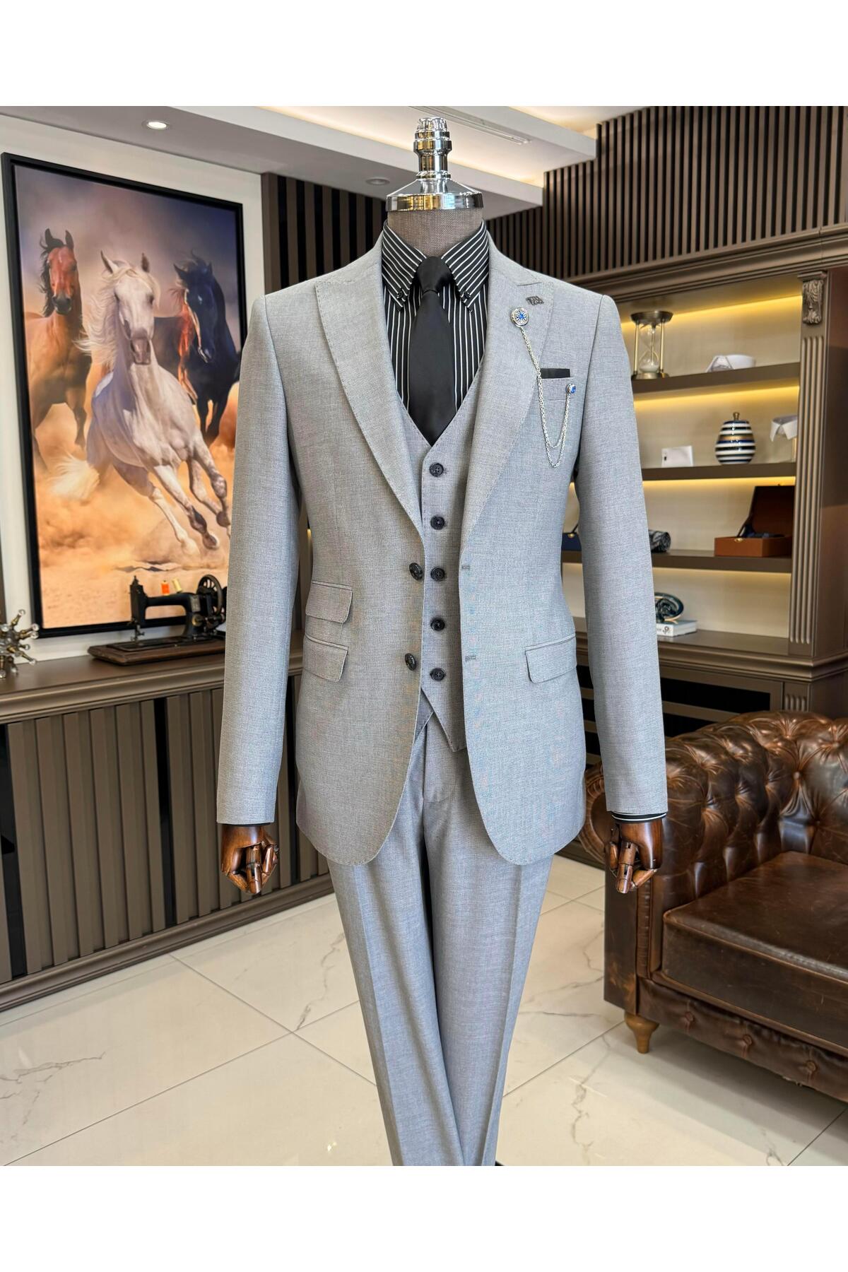 İtalyan stil slim fit ceket yelek pantolon takım elbise gri T11399 — خاکستری — تصویر 4 از 6