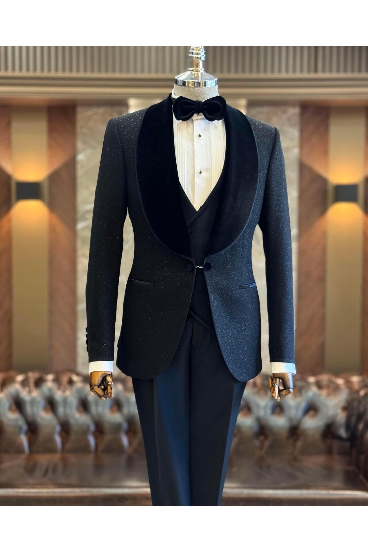 TerziAdemAltun İtalyan stil slim fit şal yaka ceket yelek pantolon damatlık set siyah T12573