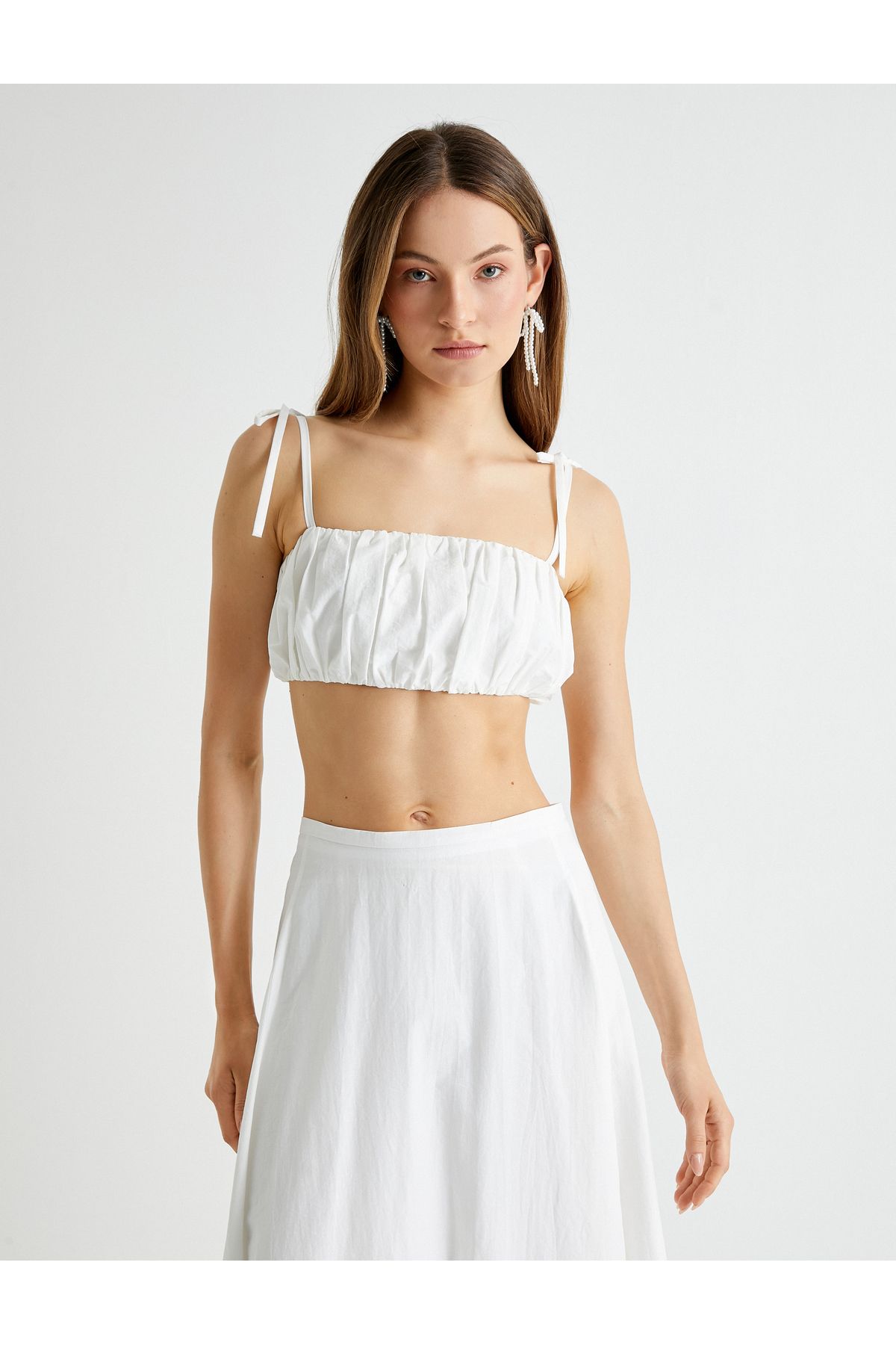 Koton-X Tuba Unsanitary - Bustieră crop cu bretele subțiri, cu cravată cu fundă, drapat, slim fit, bumbac 3