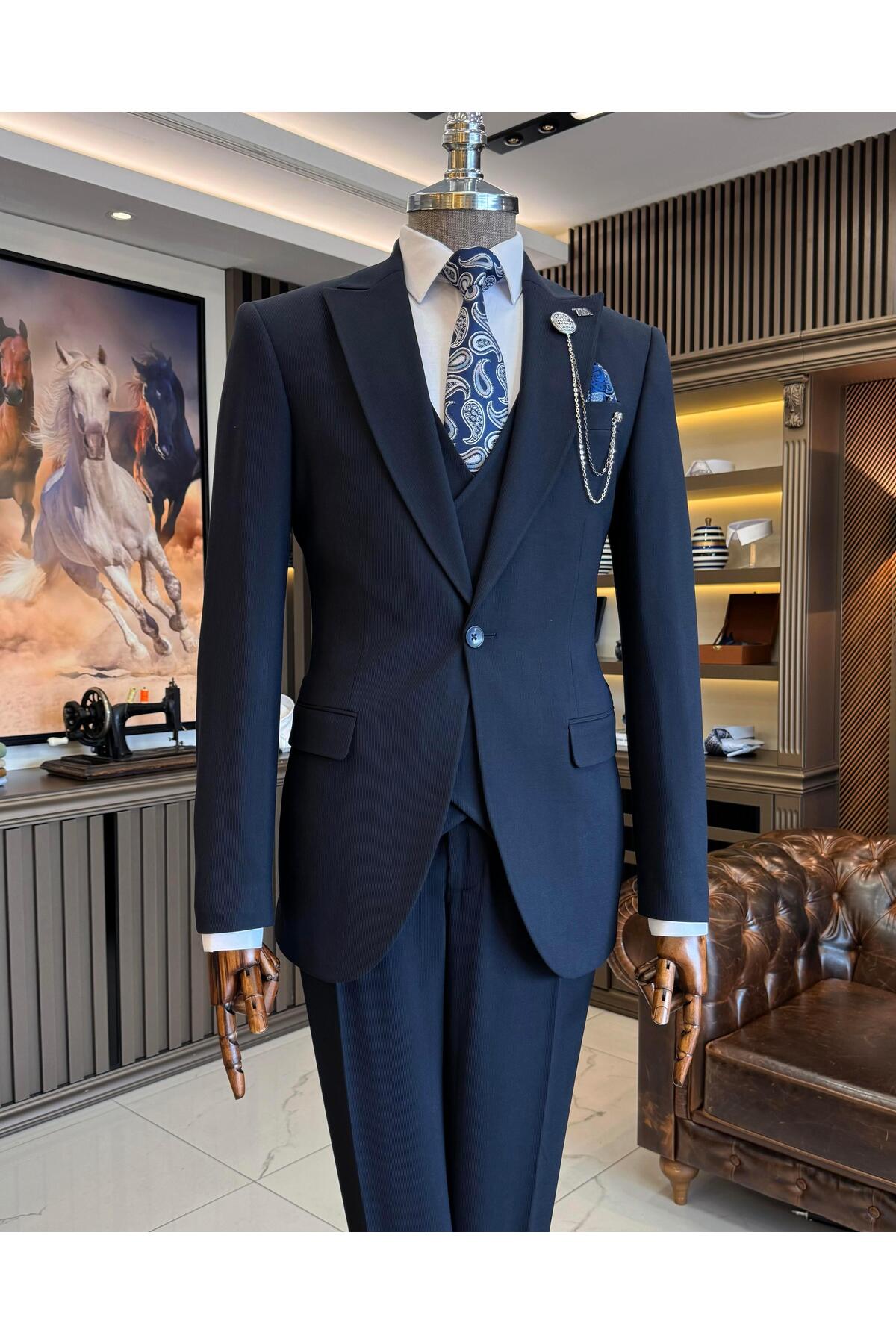 TerziAdemAltun Italian Style Slim Fit Jacket Vest Pants Suit Navy Blue T11541