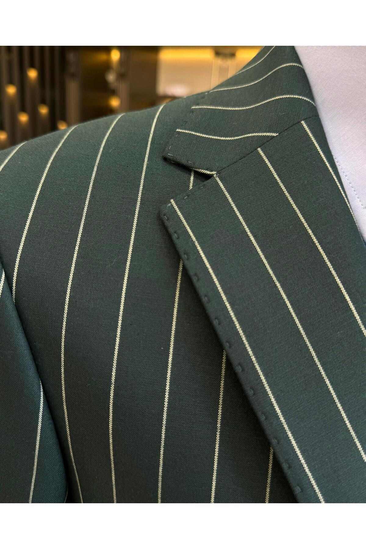 TerziAdemAltun İtalyan stil slim fit çizgili ceket pantolon takım elbise yeşil T11930 görsel 5