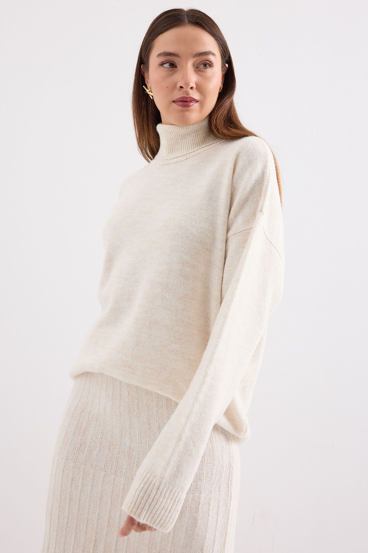 Bigdart-15892 Model Ecru Knitwear Sweater and Skirt Set 4