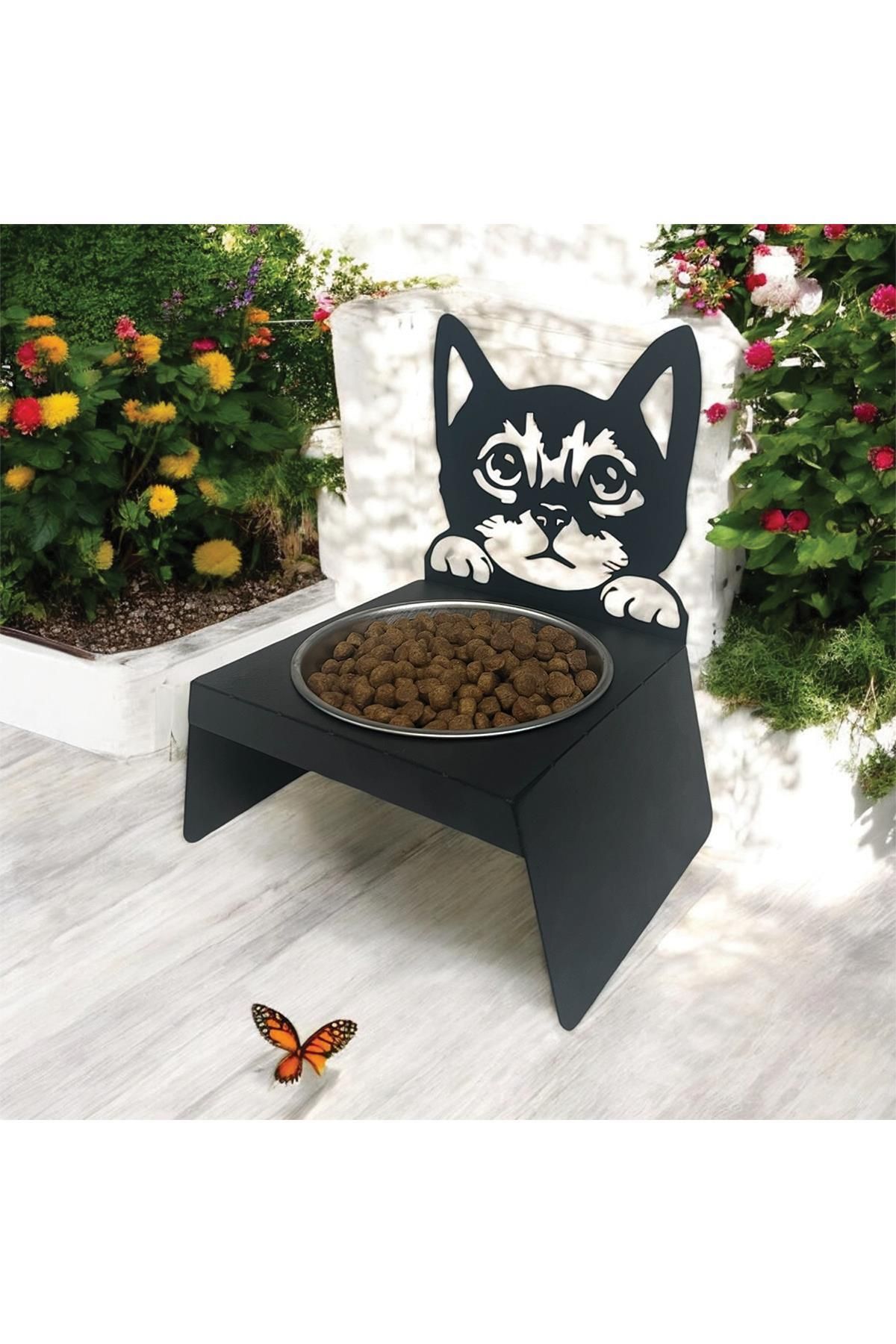 decorelax-Black Cat and Dog Food Water Bowl - Ergonomic Design, Stainless Small Model with Cat Design 1