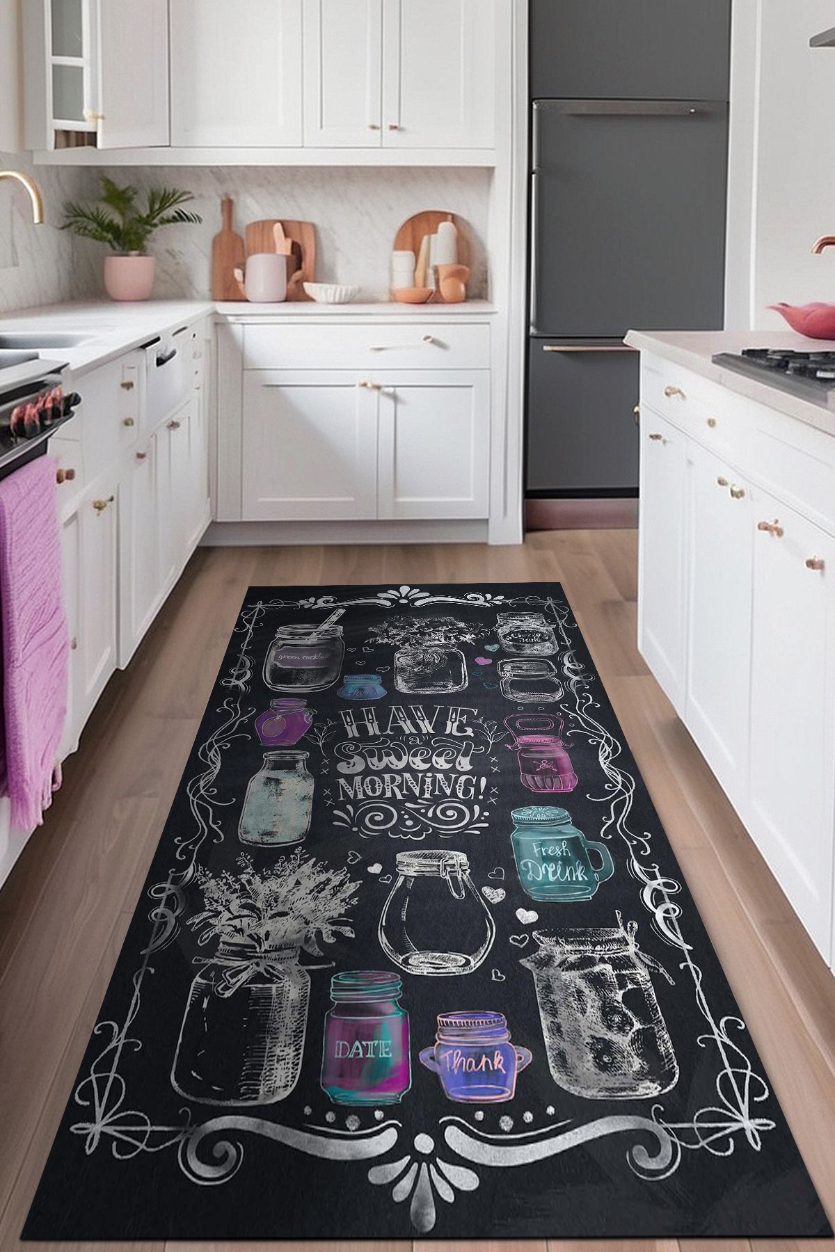 Lattedizayn Pavlus Eskitme Yıkanabilir Kaymaz Pamuk Taban Kadife Salon Mutfak Halısı Yolluk Kilim