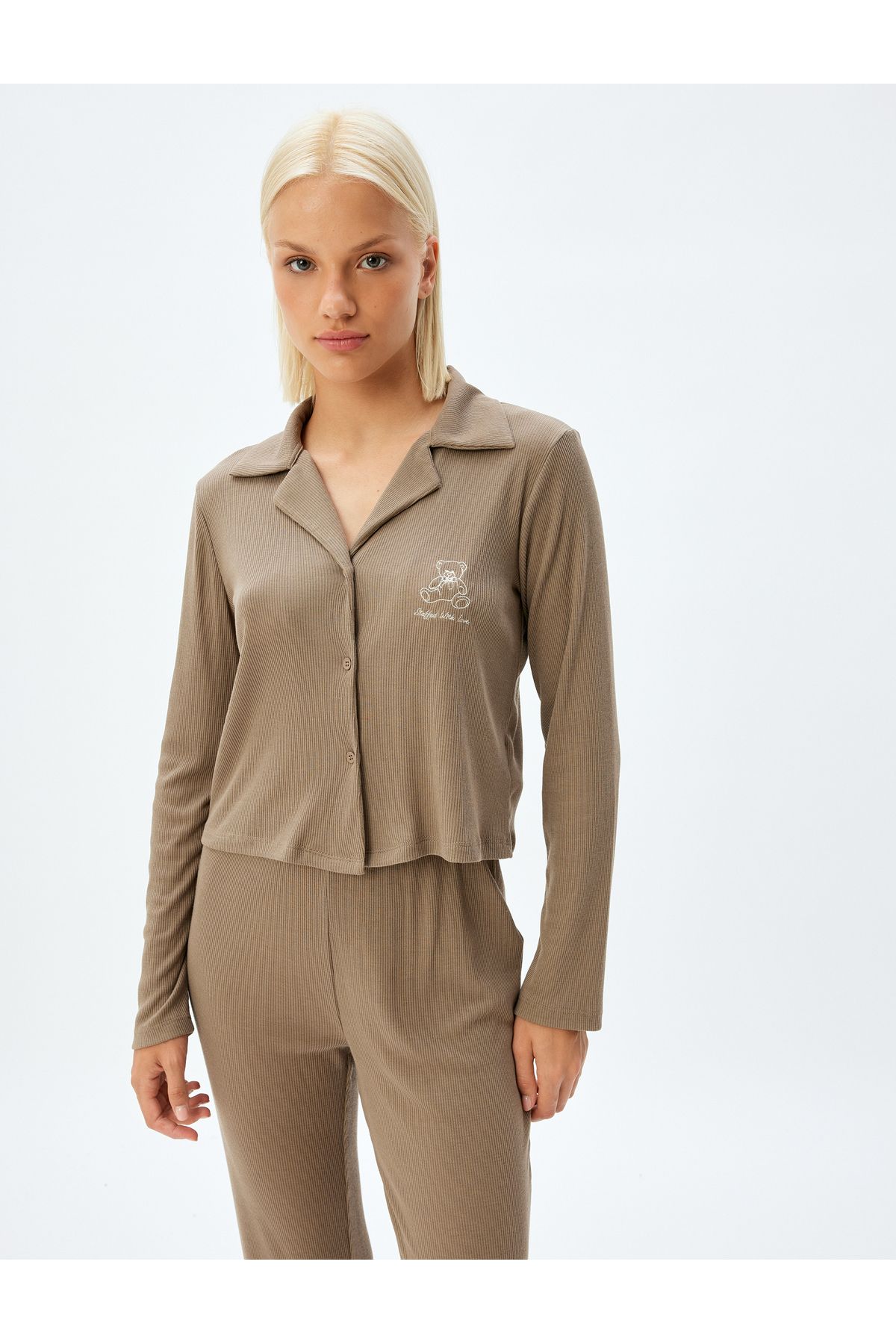 Koton-Cord-Pyjama-Set mit Hemdkragen – lange Ärmel, gerades Bein, 2er-Set 2