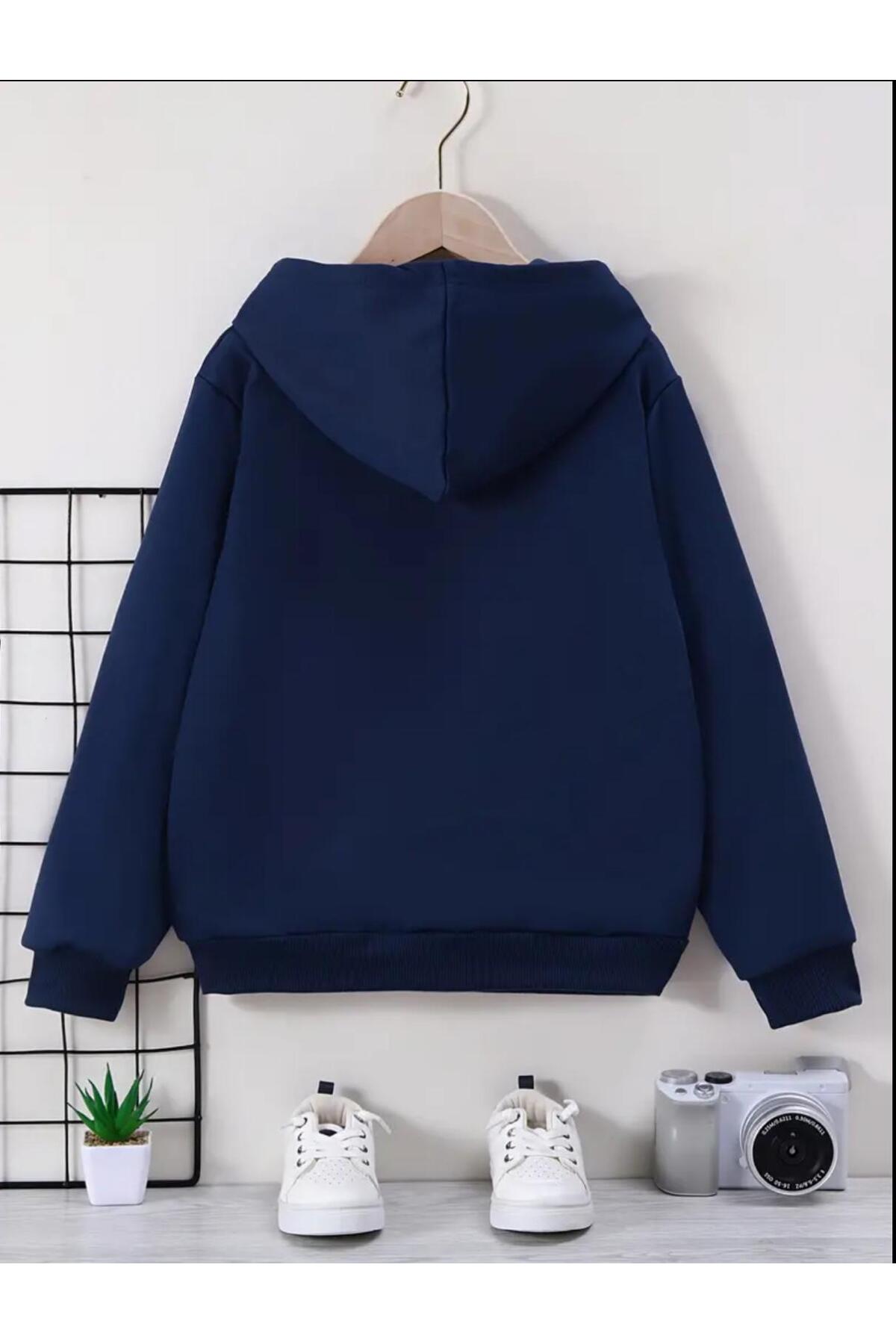 MORNİNG KİDS Kız-Erkek Çocuk Lacivert Kapşonlu Şardonlu Cool Ayıcık Baskılı Fermuarlı Hırka fotoğrafı 2 (önizleme)