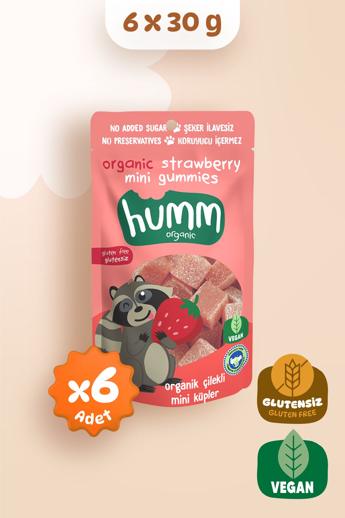 Humm Organic Organik Glutensiz Vegan Çilekli Mini Küpler Atıştırmalık Paketi - 6 Adet