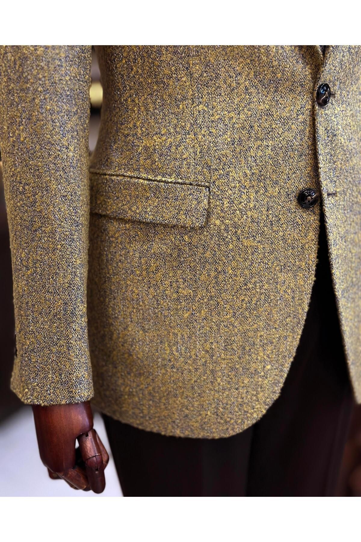 TerziAdemAltun-Jachetă pentru bărbați în stil italian slim fit mono rever muștar T10887 3