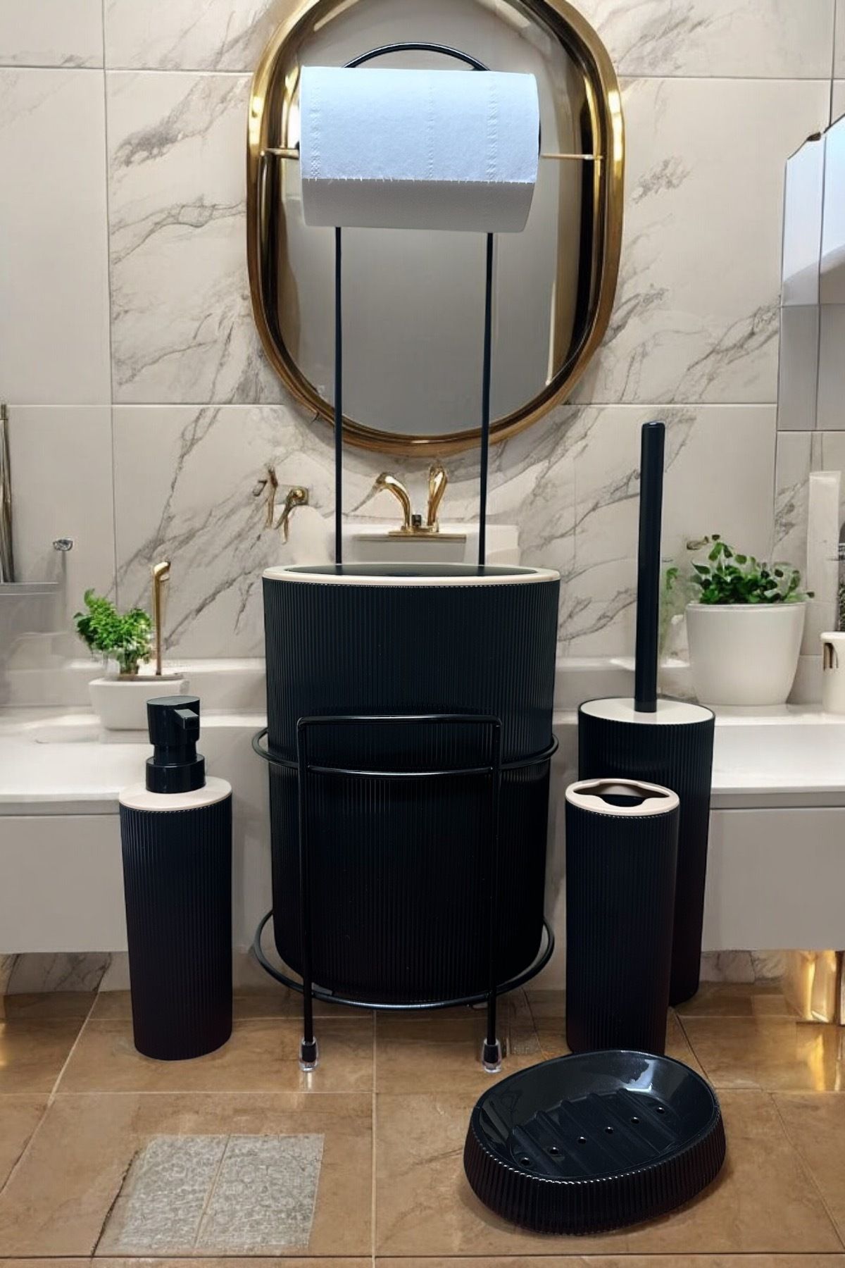 decorev Lüks 6'lı Banyo Seti Metal Standlı Tuvalet Wc Kağıtlık Şık Tasarım