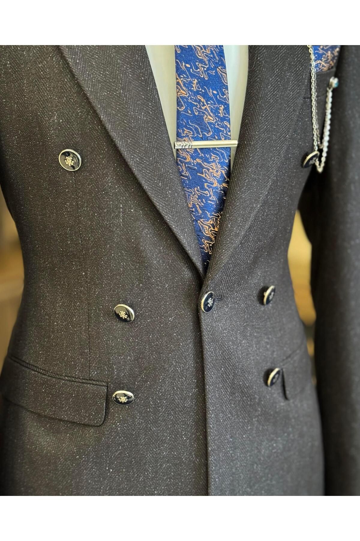 TerziAdemAltun-Navy Blue Men's Jacket - Italian Style, Mono Collar, Button Detailed T10546 3