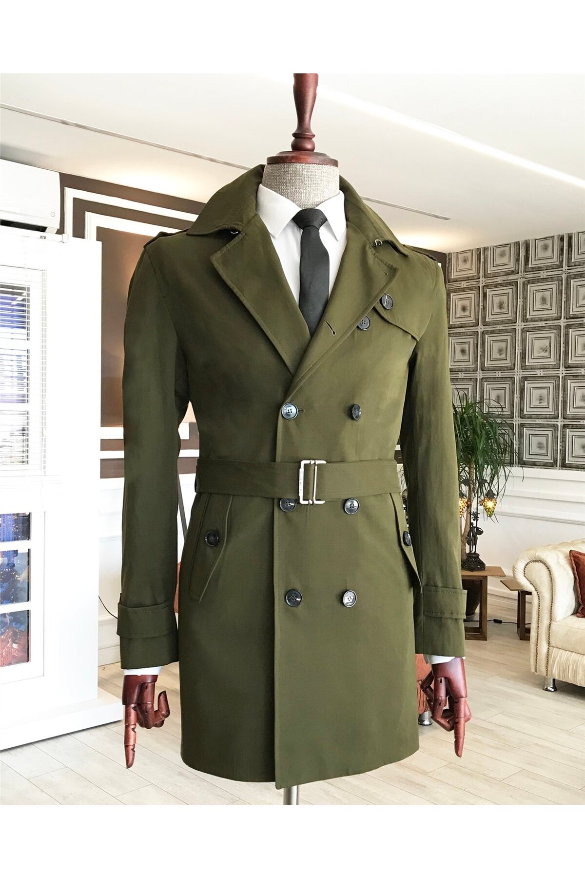 TerziAdemAltun İtalyan stil slim fit mevsimlik erkek trençkot mont Yeşil T4976 görsel 7