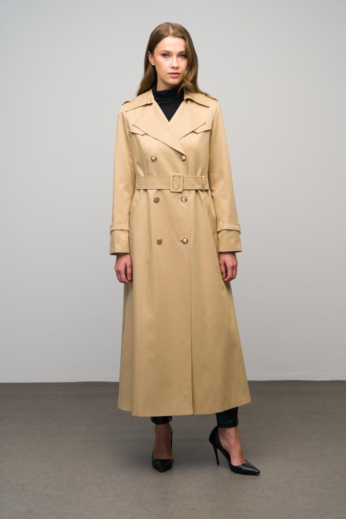 Olcay-Kamel 6617 - Double Breasted Intermediate Length Trench Coat with Epaulet and Cloak 2