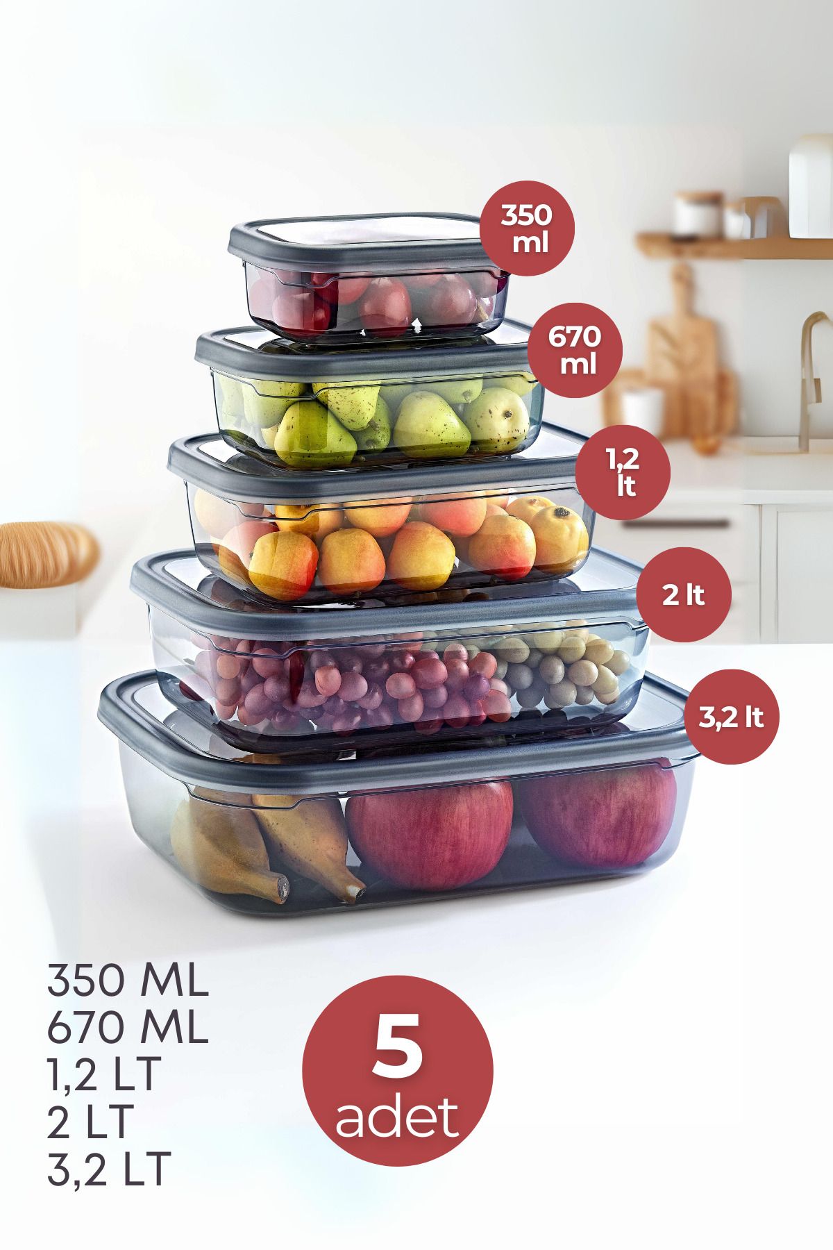 GRİMOR Life-5 Leak Proof Storage Containers - (350 ML 670 ML 1,2 LT 2 LT 3,2 LT) - Deep Freezer and Microwave 2