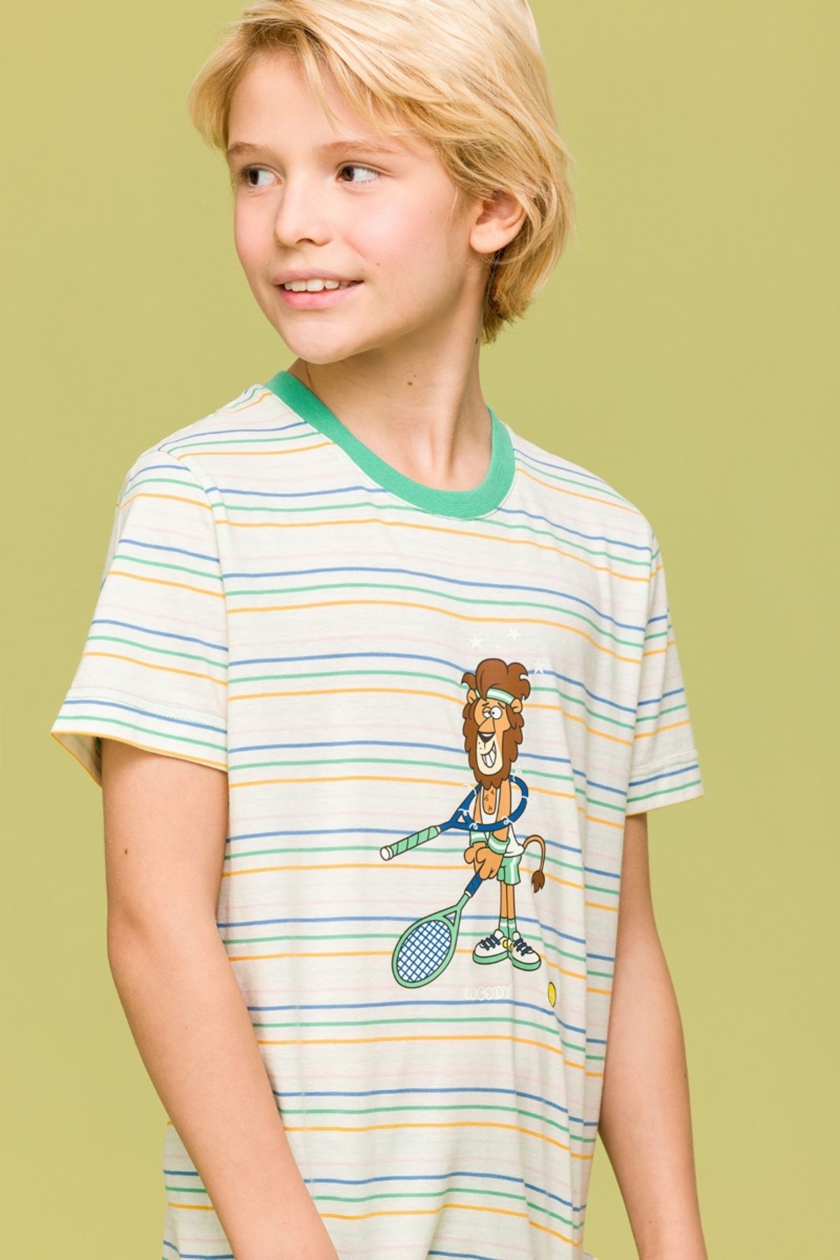 Woody-2-8 Years Old Boy Pajamas-Pss - 910-Lion Themed Striped Ecru 5