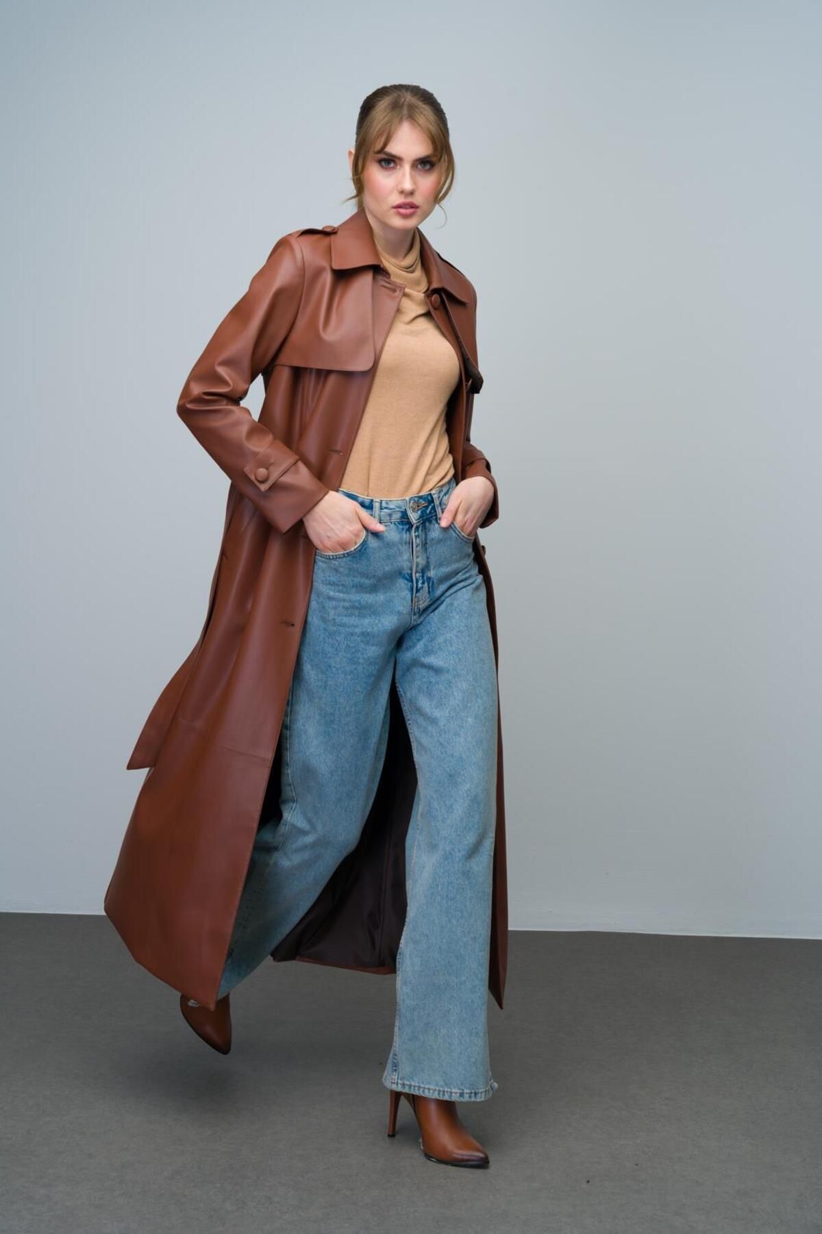 Olcay-Long Leather Trench Coat - Shirt Collar, Epaulette and Cloak Detail TABA 6607 4