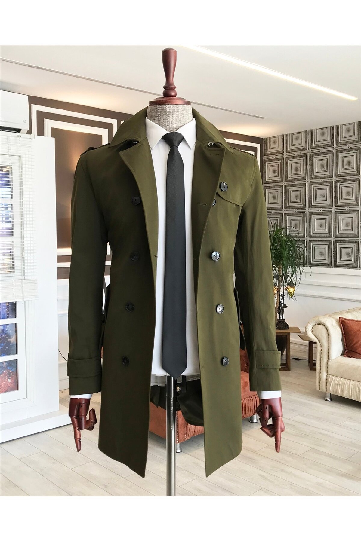 TerziAdemAltun İtalyan stil slim fit mevsimlik erkek trençkot mont Yeşil T4976 görsel 8